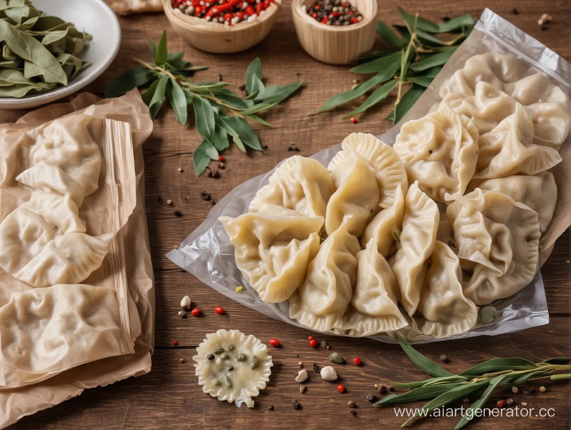 Artistic-Arrangement-of-Dumpling-Packaging-with-Bay-Leaves-and-Pepper