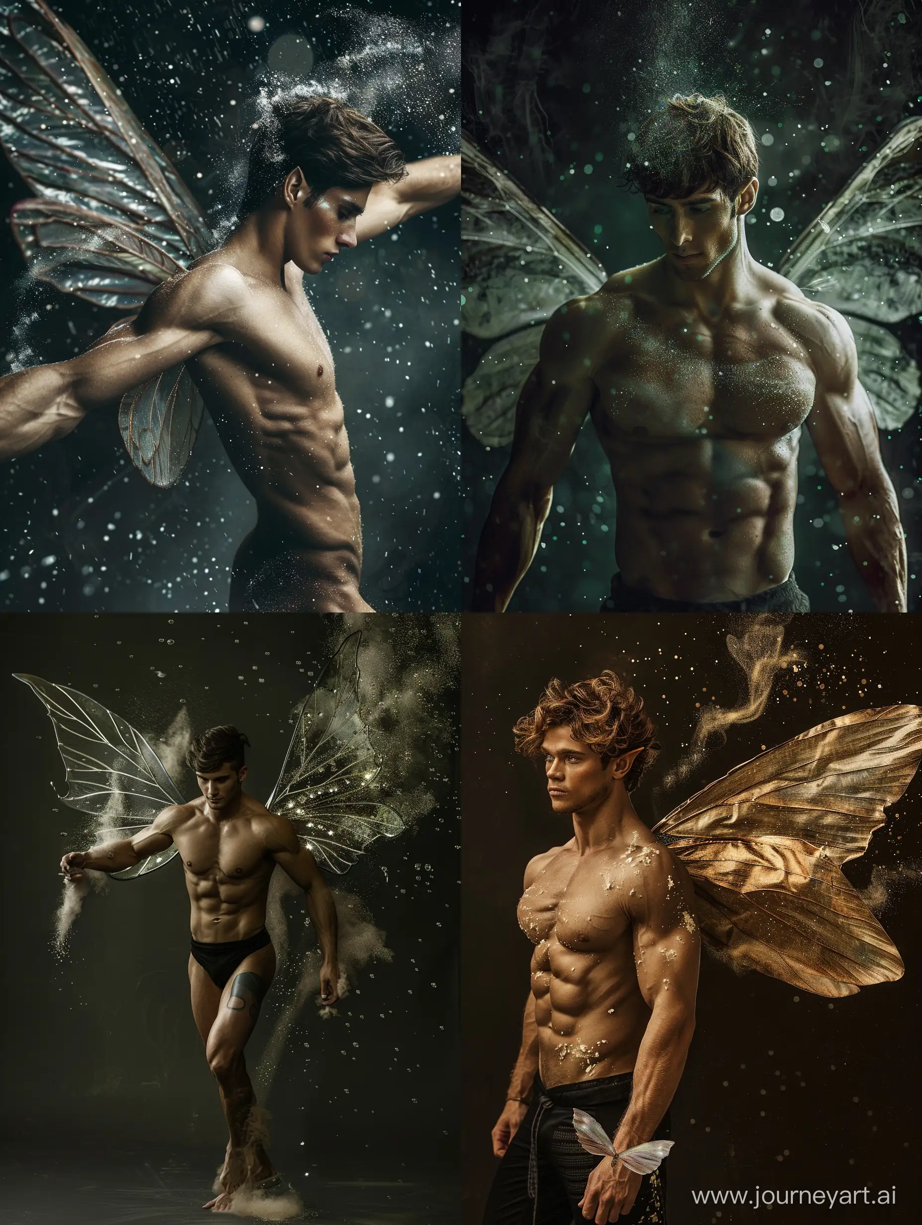 realistic photograph, male, muscular, handsome, male fairy resembling a male tinkerbell, with fairy dust floating around fairy wings, just taking flight, full body,