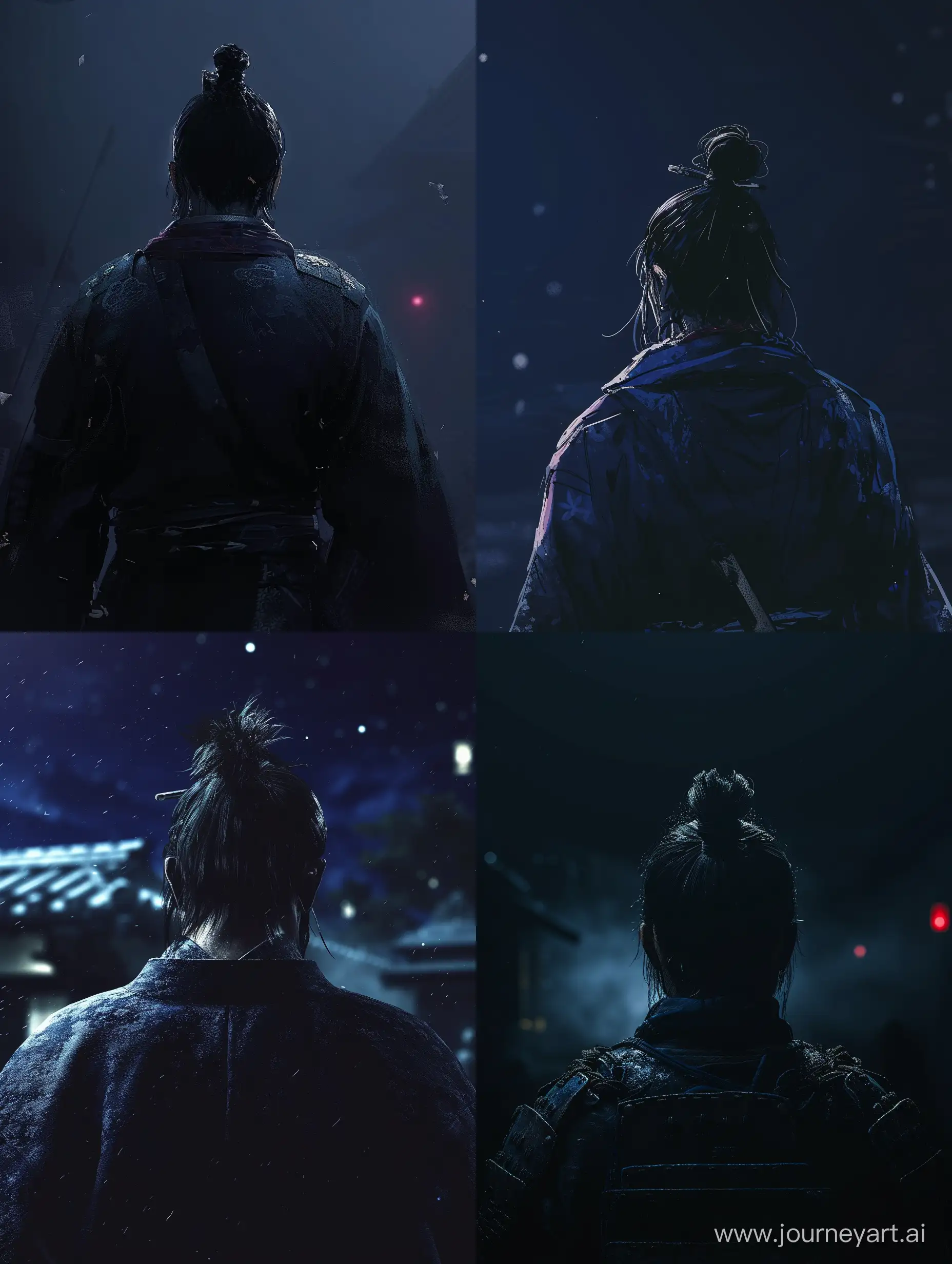 A dark image of genshin character Raiden Shogun looking to the night, back view