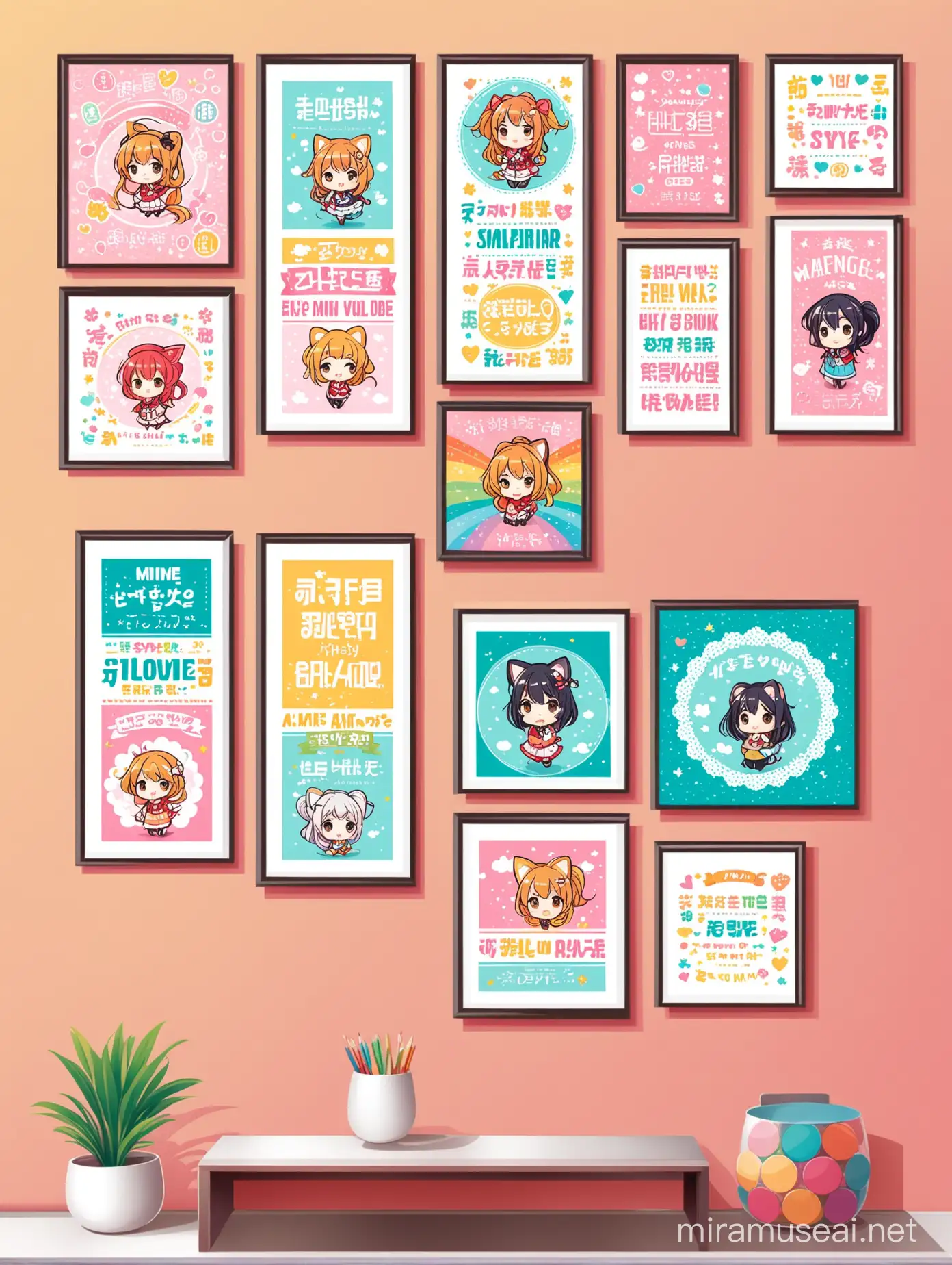 Colorful Anime Style Wall Art Frames with Cute Typography and Quotes