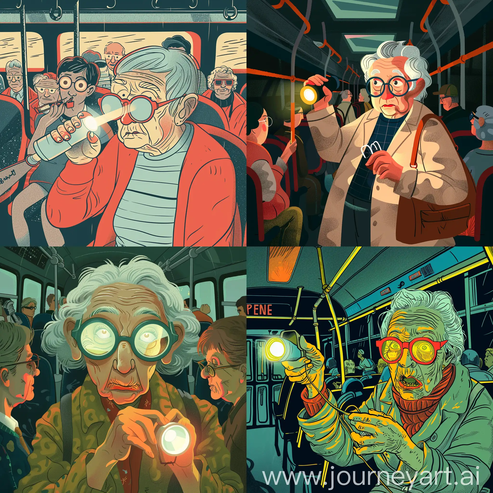 ilustración estilo bruno munari, abuelita intrepida, viajando en autobús, buscando sus gafas con una linterna