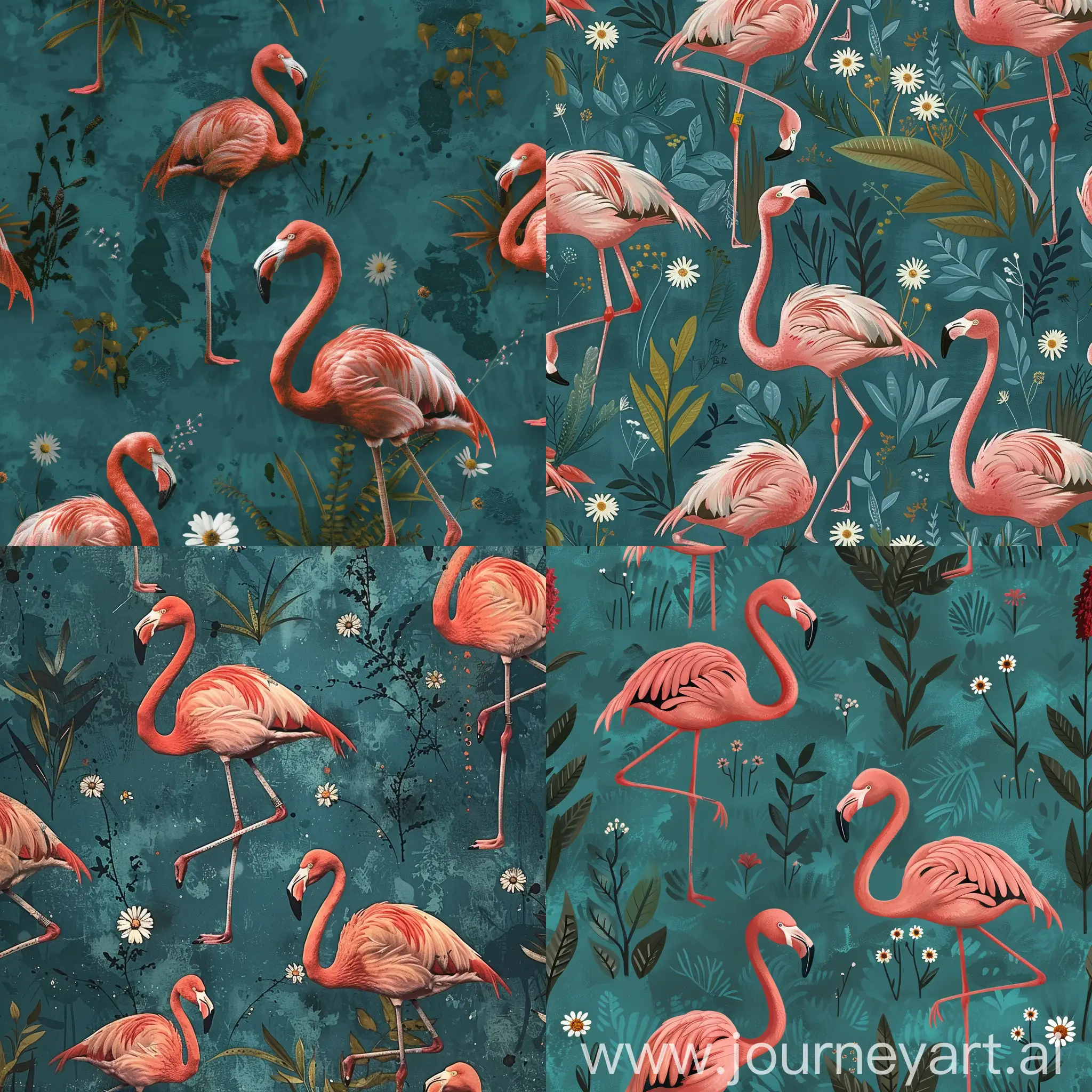 a wallpaper pattern that is made up of pink flamingos on a teal background with some small white daisies and dark green plants