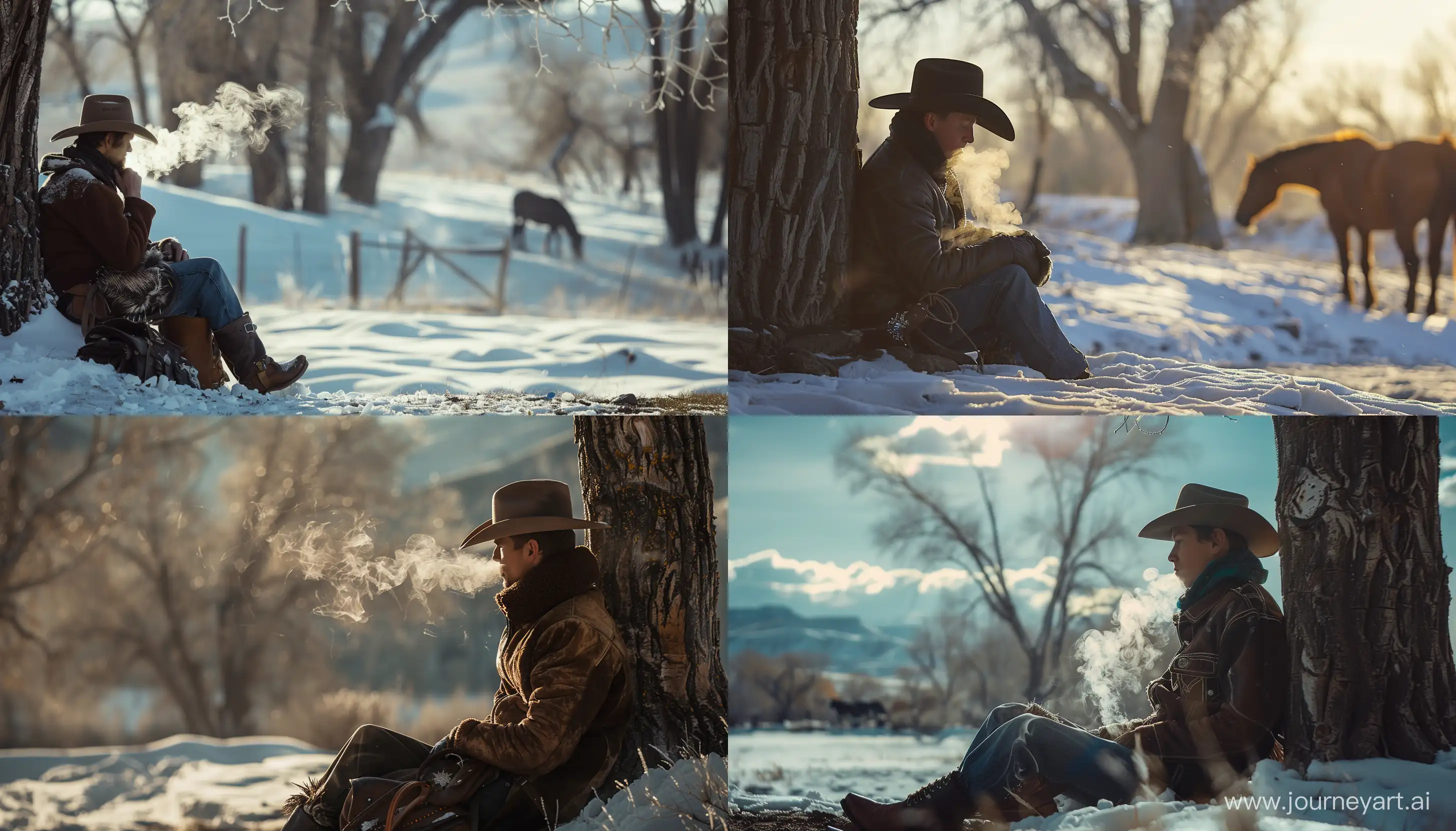 Lone-Cowboy-Sitting-by-Snowy-Tree-with-Steaming-Breath