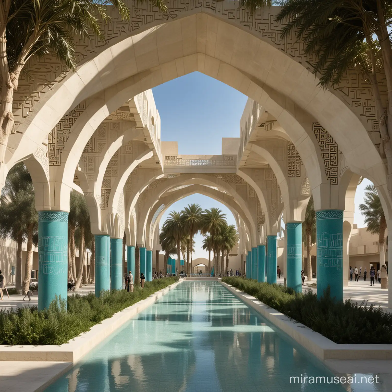 A modern iconic design for the Iraq Pavilion at the Baghdad International Fair, with a modern architectural design that combines Iraqi heritage, contemporaneity, and modernity. The design contains arches and arches, the use of square Kufic script, and the Babylonian turquoise color. The project contains hanging and terraced gardens, fountains, waterfalls, and