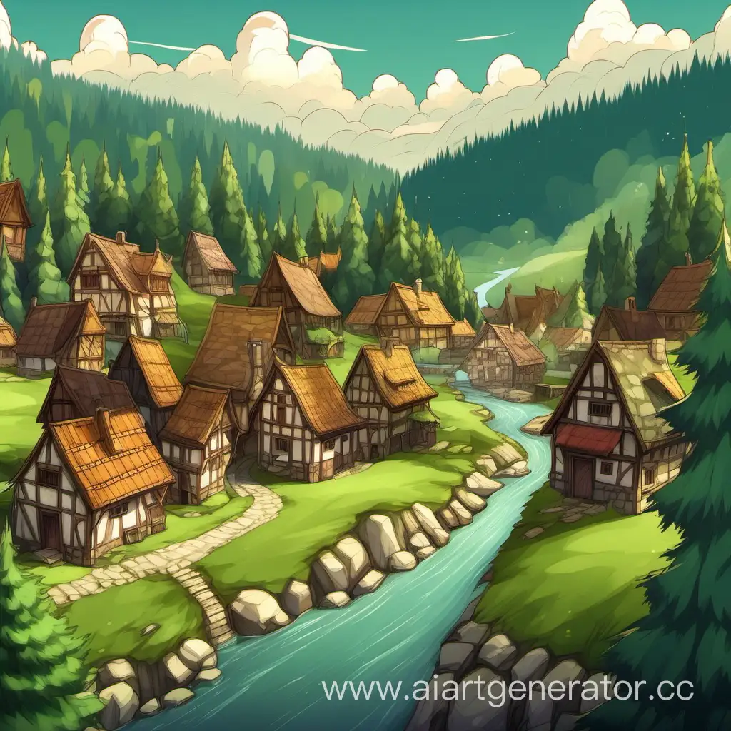 деревня и вокруг неё леса ель и река неподолеку, средневековье