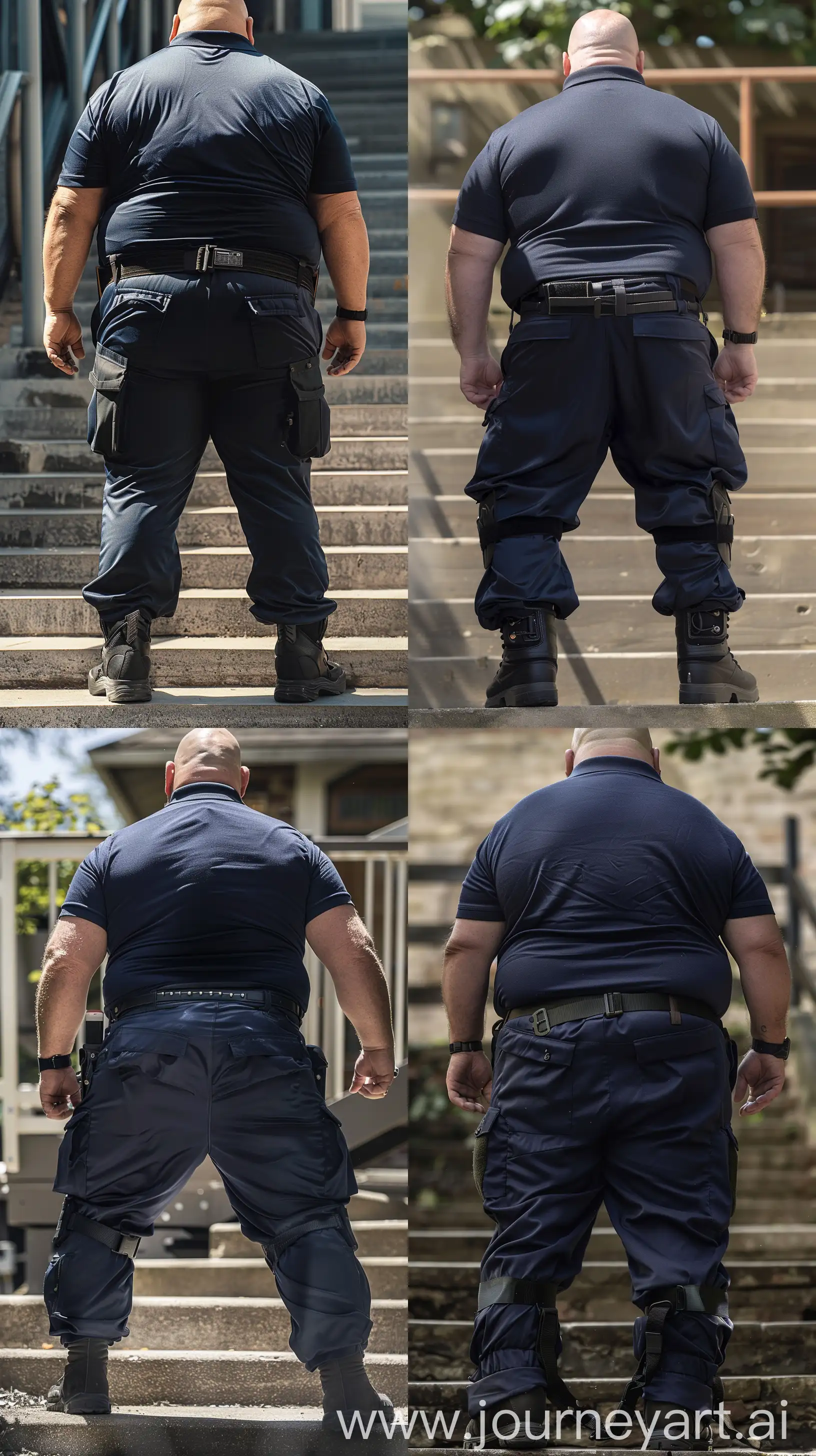 Close-up full body back view photo of a very fat man aged 60. The man is wearing silk navy tight and very tightly stretched battle pants tucked in black tactical boots, a tucked in silk navy sport polo shirt and a black tactical belt. The man is standing straight in stairs. Outside. Bald. Clean Shaven. Natural light. --ar 9:16