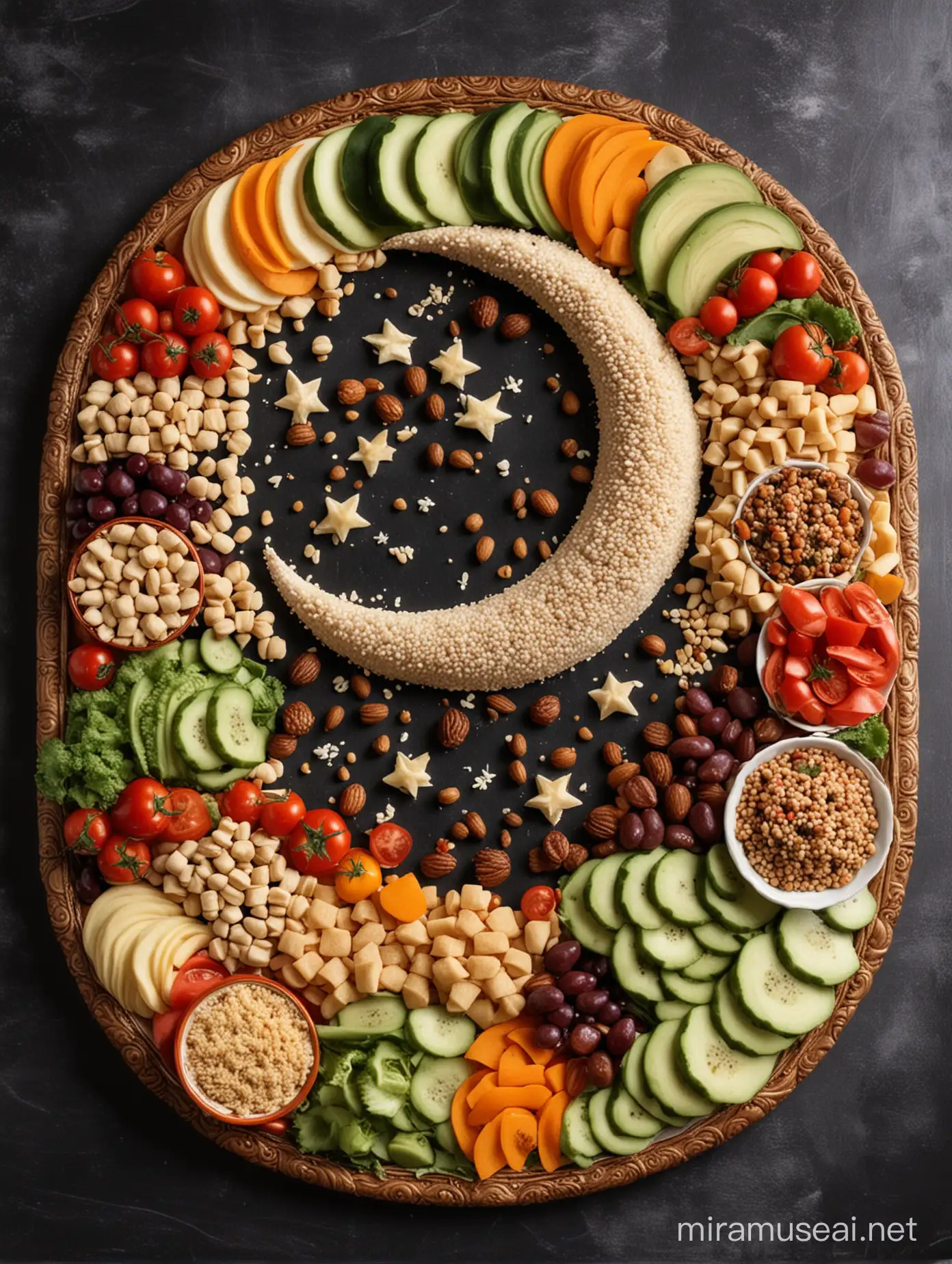 vegetarian healthy food displayed like crescent moon of eid