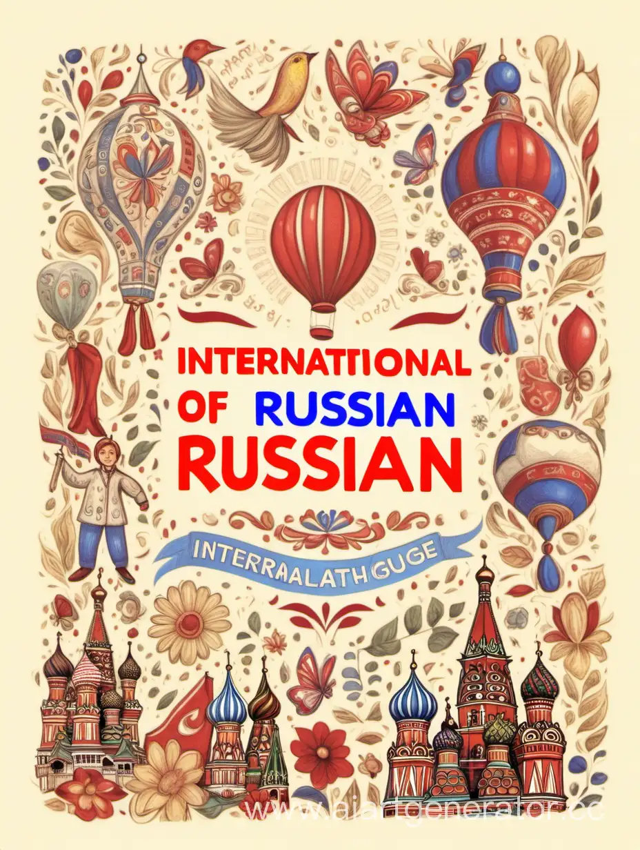 открытка на тему "международный день русского языка" с поздравлением на английском и рисунками 