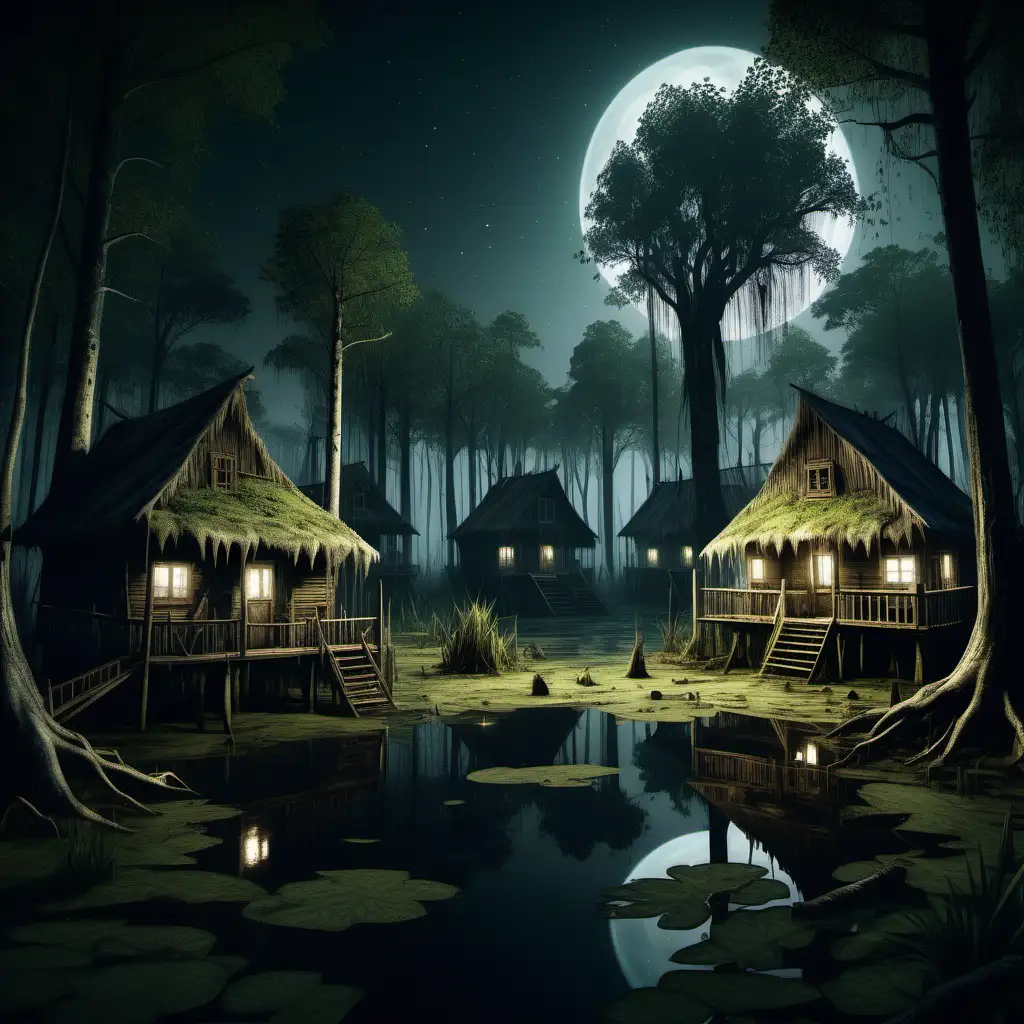 реалистичное поселение на зеленом болоте, болото в лесу, в лесу огромные  стволы деревьев внизу на болоте примитивные домики, ночь темнота