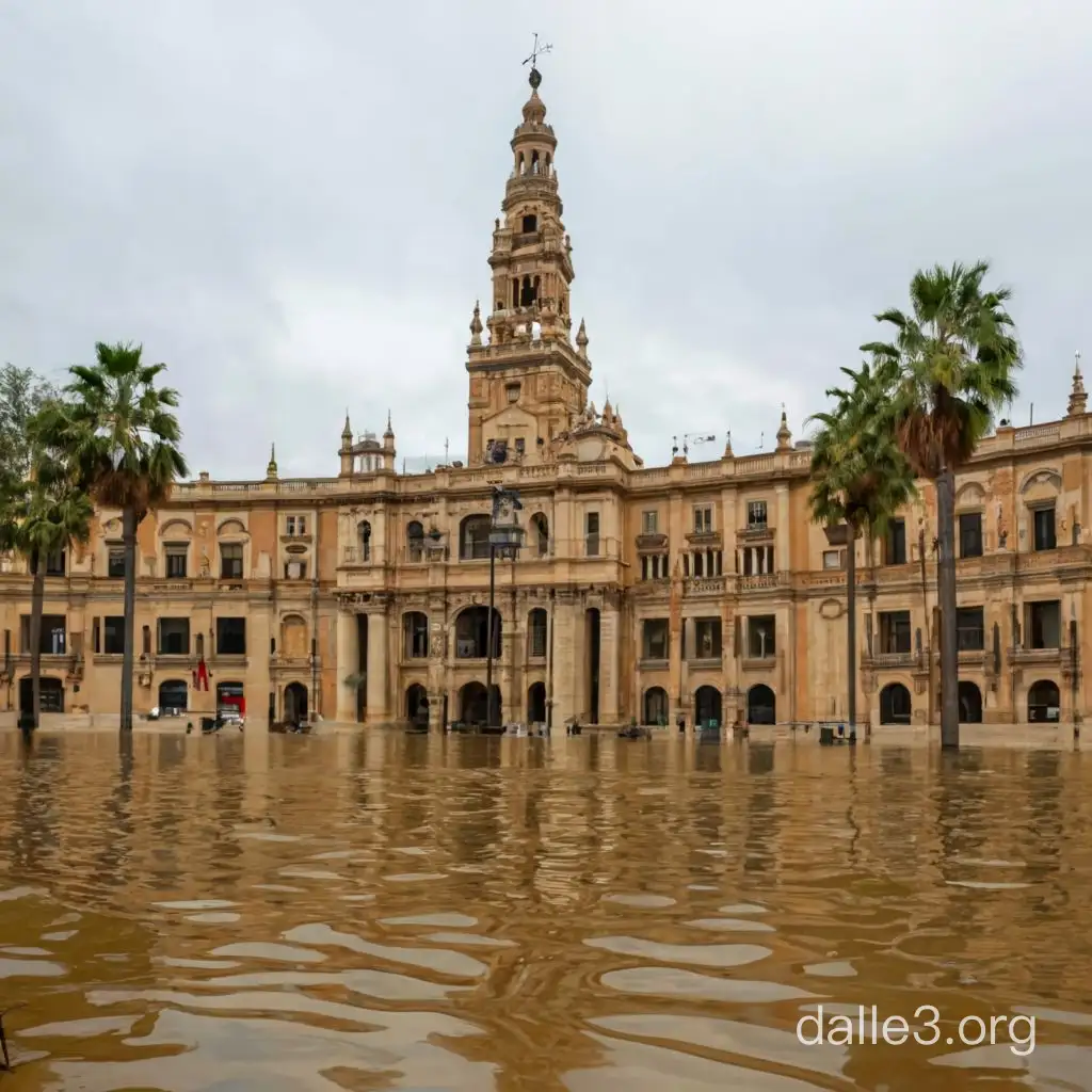 Powerful storm Carlotta in Spain, Seville square completely flooded, three Cars floating