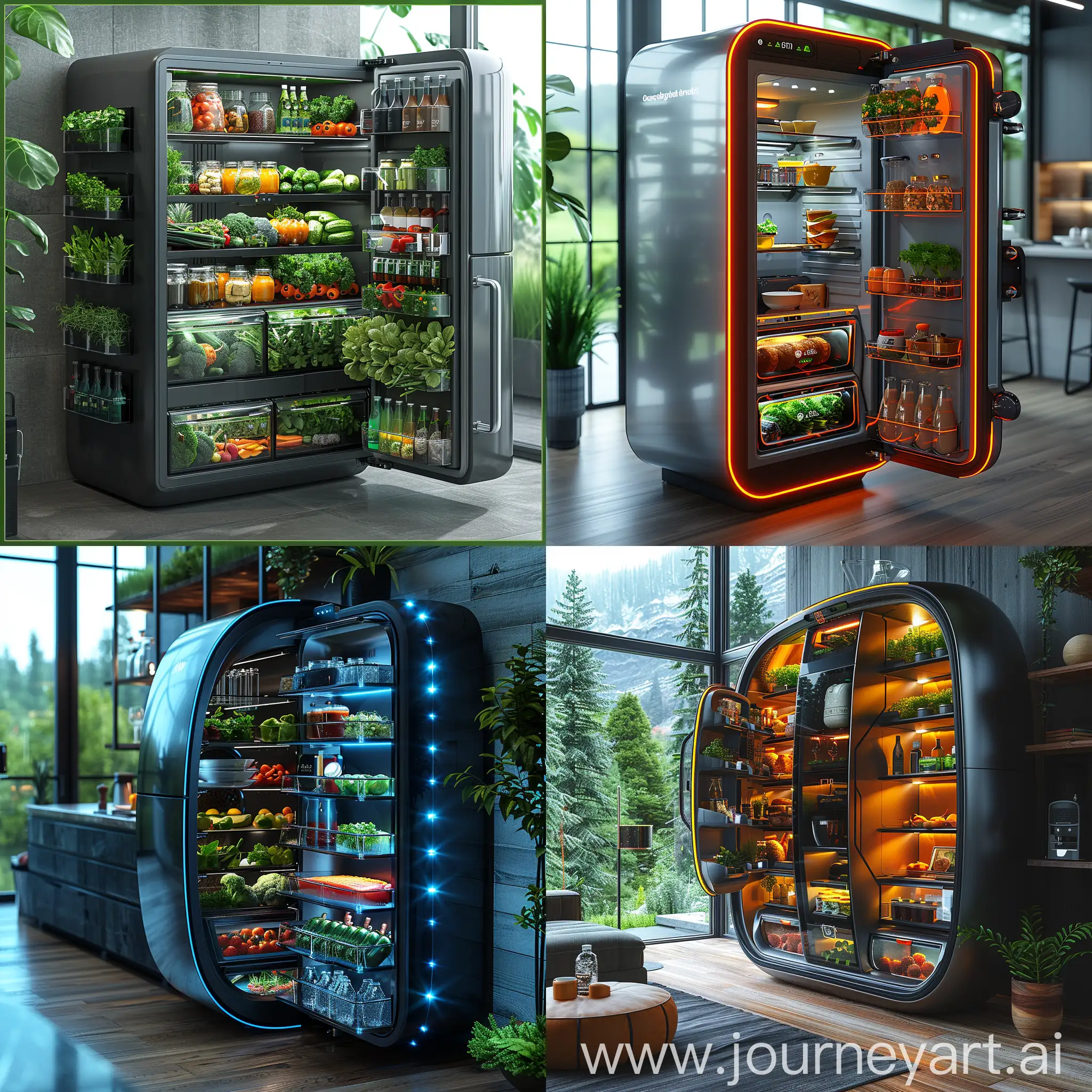 Futuristic fridge, Energy-efficient cooling system, Solar-powered option, Temperature sensors, Vacuum insulation panels, Eco-friendly refrigerants, Water-saving features, Recycled materials, Air purification system, Smart storage solutions, Energy monitoring and remote control, AI-powered food recognition, Voice control and integration, Built-in cameras, Interactive touchscreen display, Automated inventory management, Customized temperature zones, Self-cleaning technology, Internet connectivity, Energy usage optimization, Augmented reality features, Smart speaker integration, Coffee maker, Digital assistant display, Air quality monitor, Streaming services, Health tracking features, Projector display, Bluetooth connectivity, Smart home hub, Wireless charging station, octane render --stylize 1000