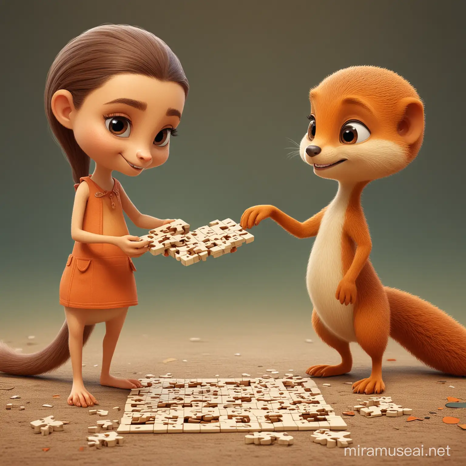 cute female cartoon mongoose doing a puzzle with a cartoon human female friend 

