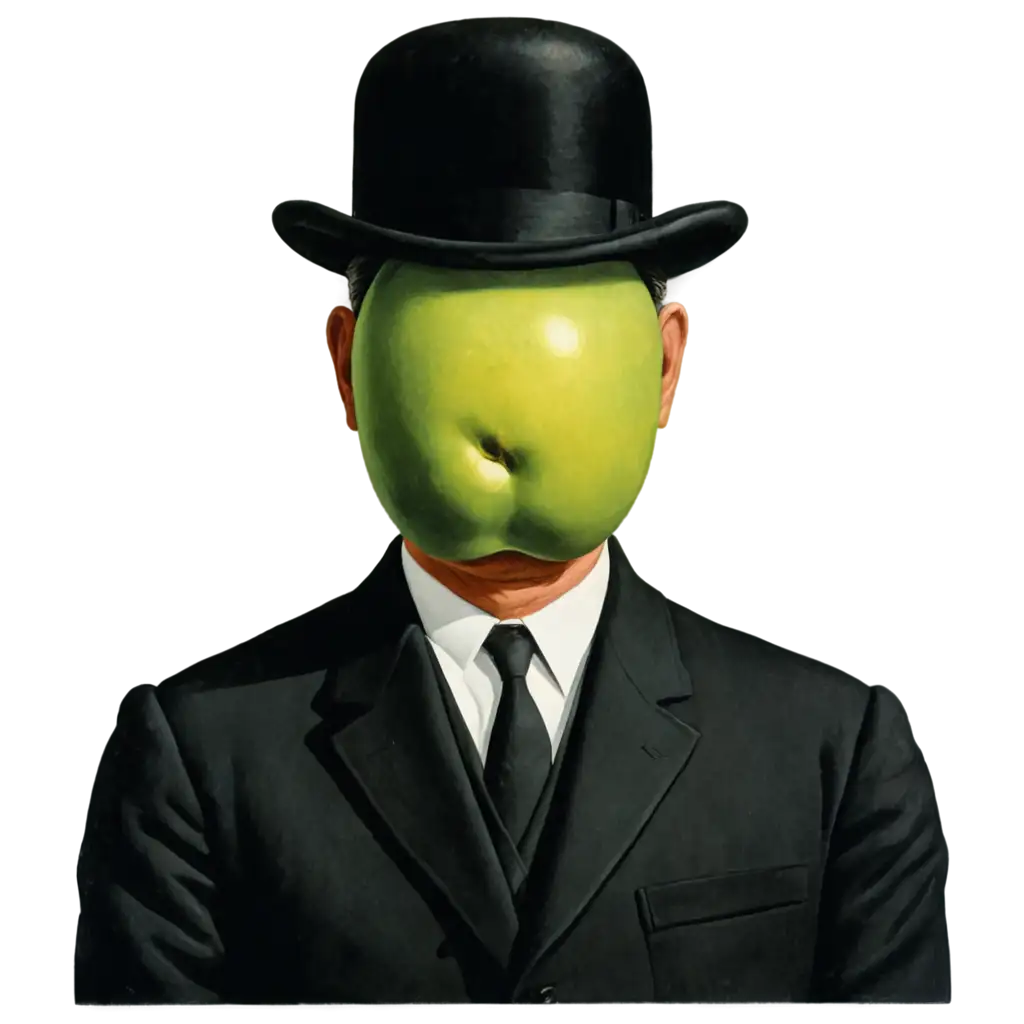 MAGRITTE SON OF MAN WITH BLACK COAT BOWLER HAT AND GREEN APPLE

