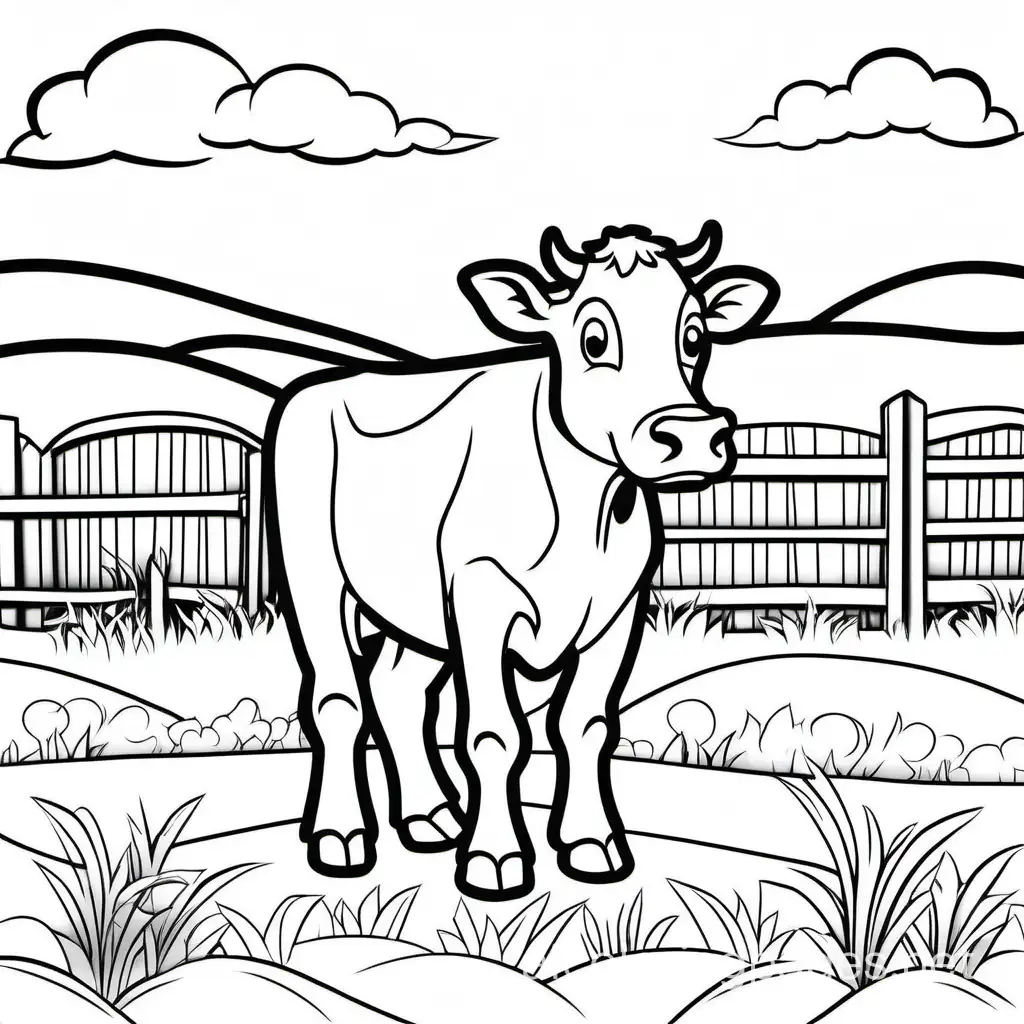 A cow on farm, Coloring Page, black and white, line art, white background, Simplicity, Ample White Space. The background of the coloring page is plain white to make it easy for young children to color within the lines. The outlines of all the subjects are easy to distinguish, making it simple for kids to color without too much difficulty