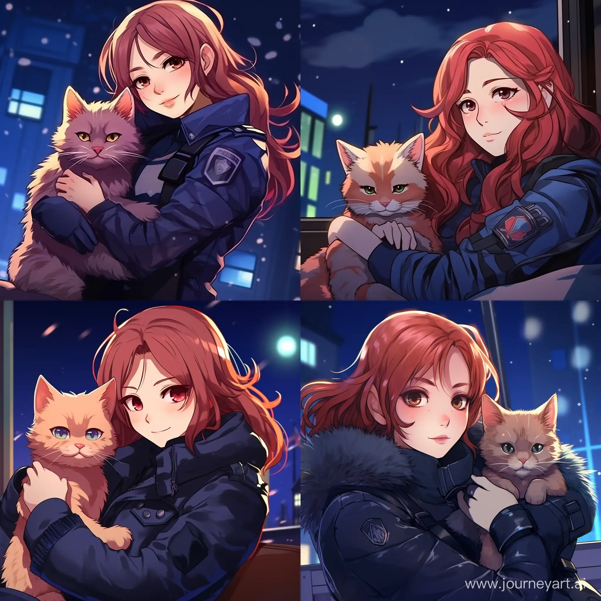 девушка с рыжими волосами в полицейской форме с кошкой на руках зимней ночью в стиле синематик аниме