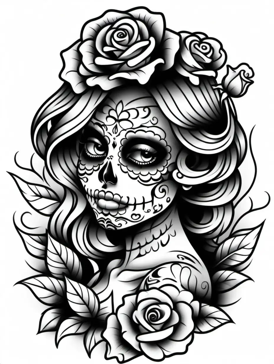 a senorita sugar skull tattoo themed outline, white background, thick black lines, no color, rose themed
