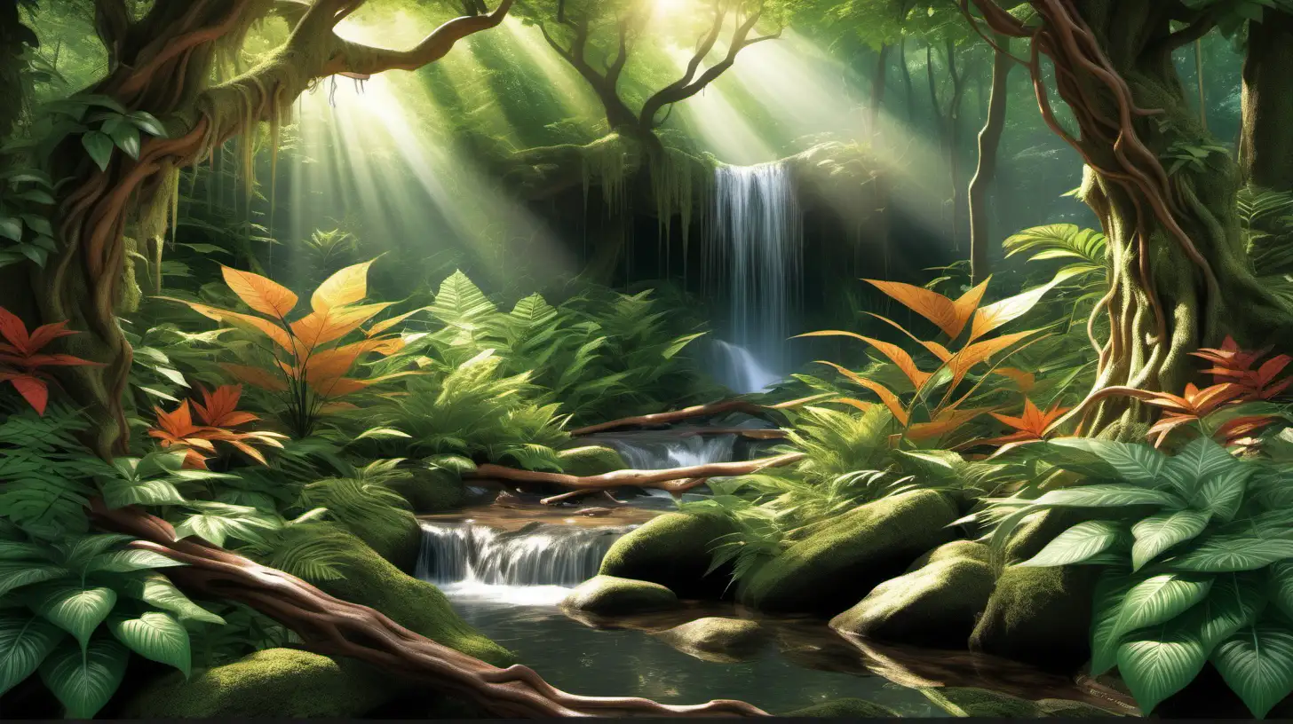 Create a dense forest scene with sunlight streaming through the lush canopy, highlighting vibrant foliage and intricate patterns of branches and leaves. Add a winding stream or hidden waterfall for added charm.
