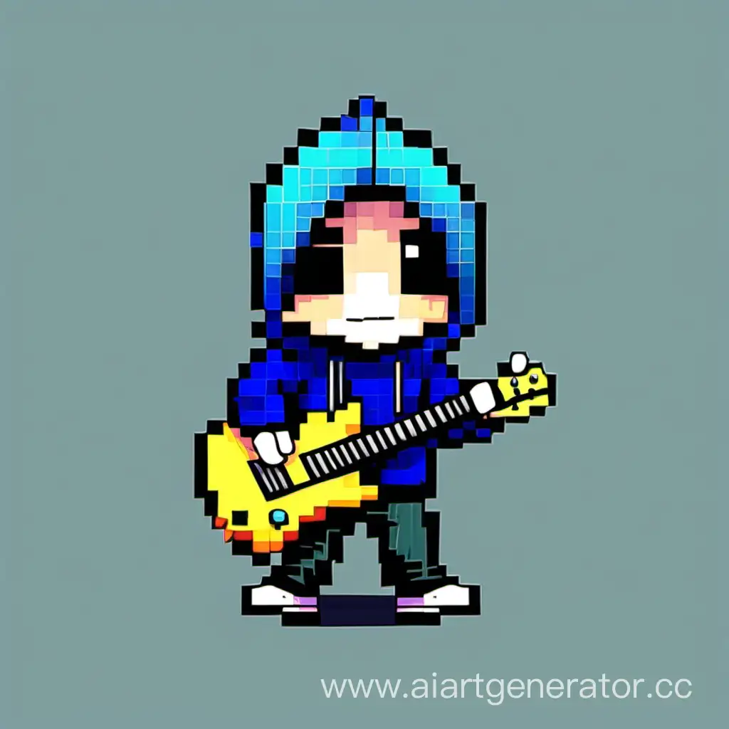 draw a little pixelated chibi guy not detailed in the style of undertale in black jeans in a blue hoodie with a guitar