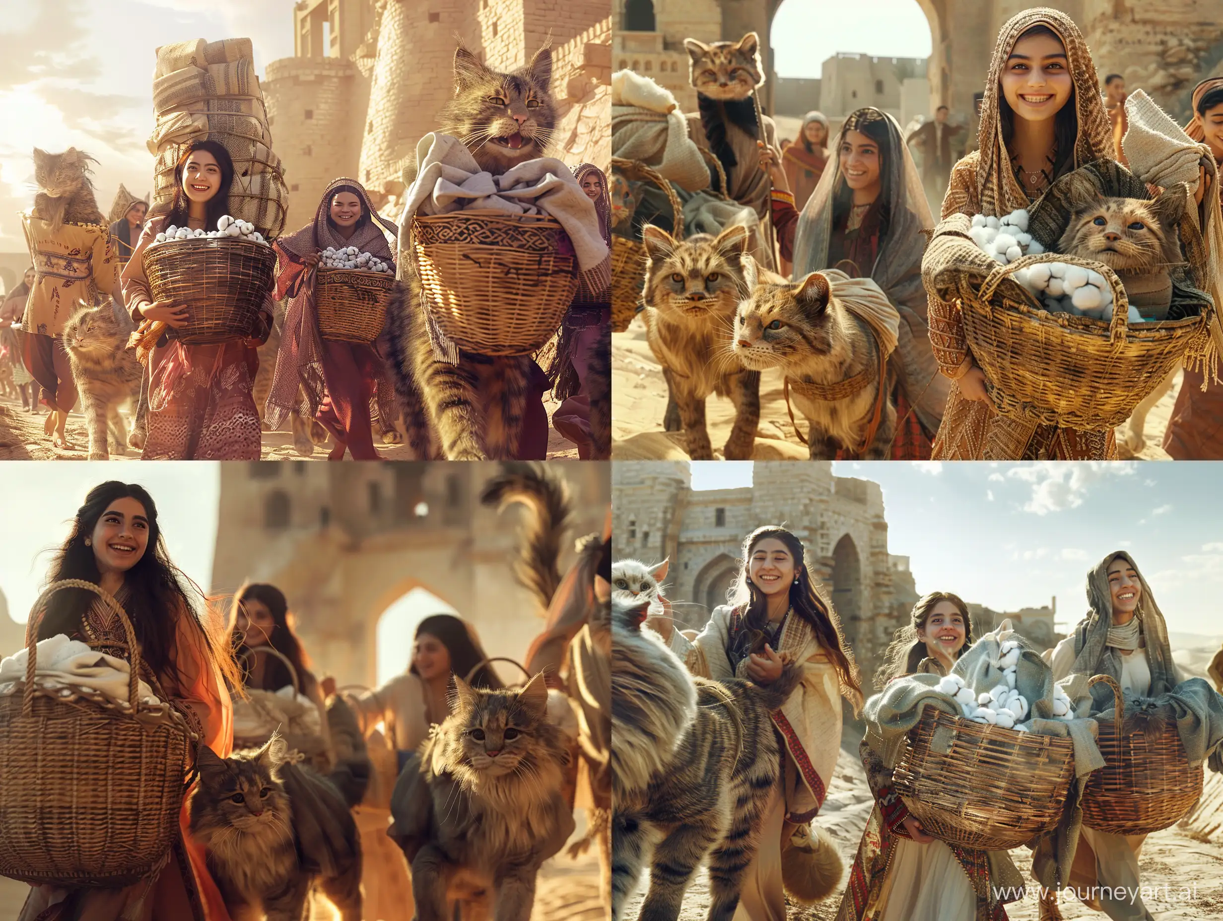 Persian-Women-Leaving-Bam-Citadel-with-Giant-Cat-Companions