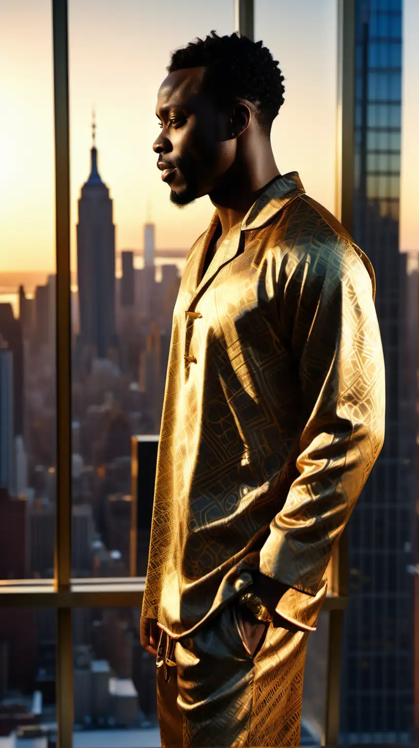 Handsome Black man, wearing Gold, African print, silk pajama set, leaning near large windows in Penthouse, over looking New York sky line, Break of Dawn sky in the distance Ultra 4k, high definition, 1080p resolution, lighting is volumetric