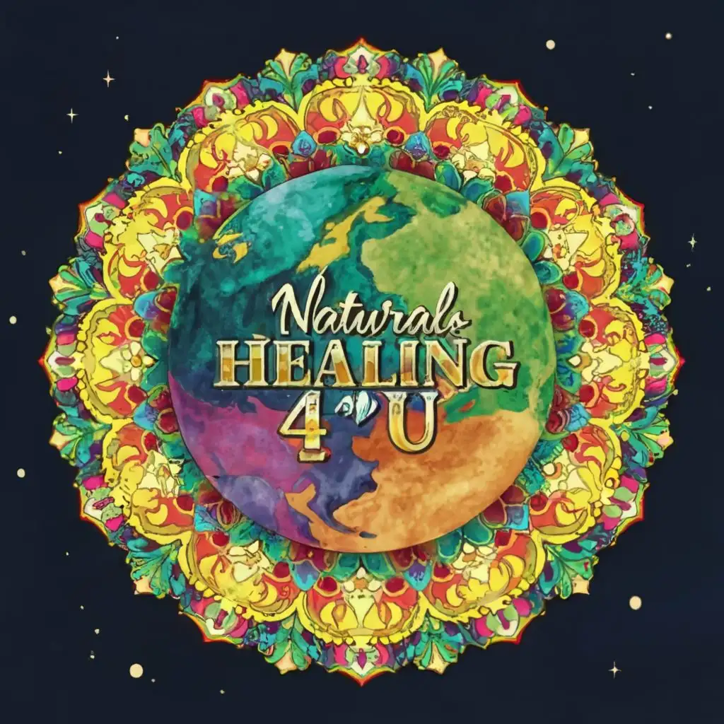 logo, World globe, Rainbow, lotus flowers, mandala,  Universe, with the text "Natural Healing 4 U", typography, be used in Beauty Spa industry,