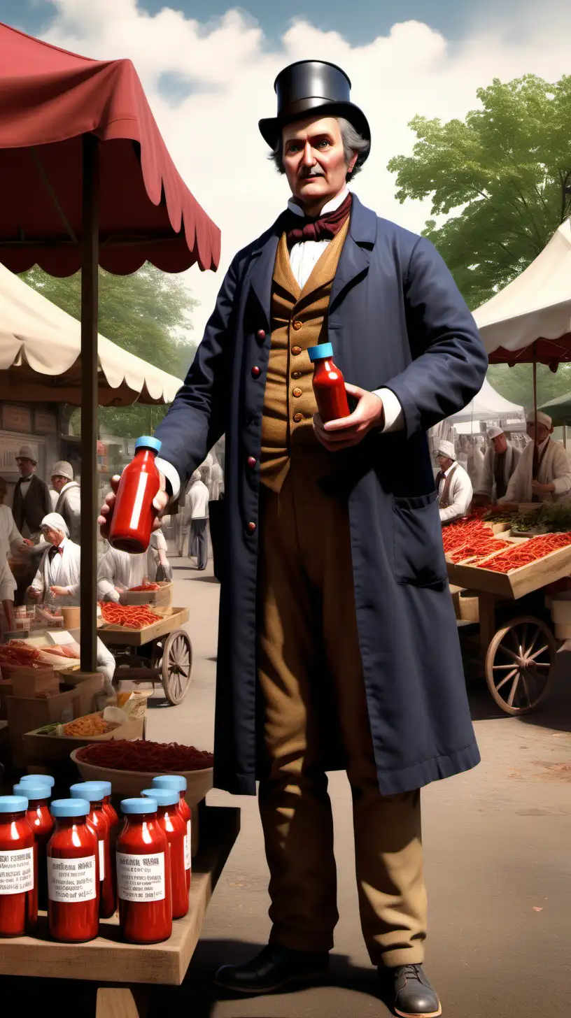 create a image of doctor John Cook who invented ketchup as a medicine in 1830s.  depict him into an outdoor market selling his bottles of ketchup to one of his patients. wide view

