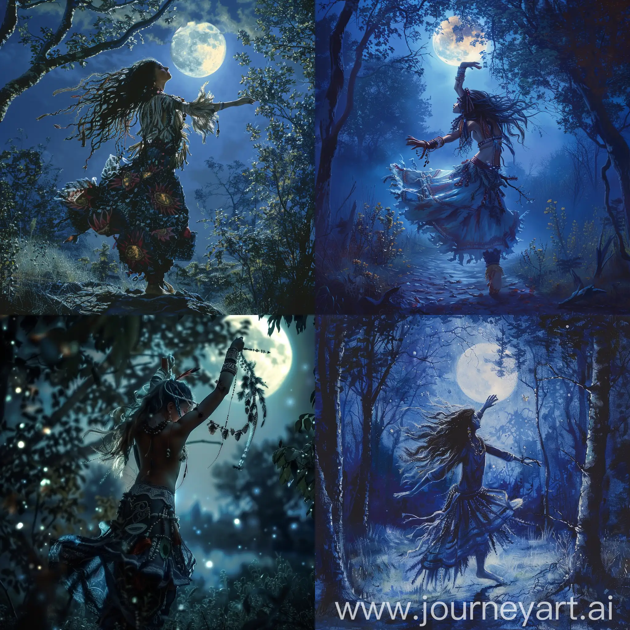 a shamanic girl dancing in the wood under the moonlight