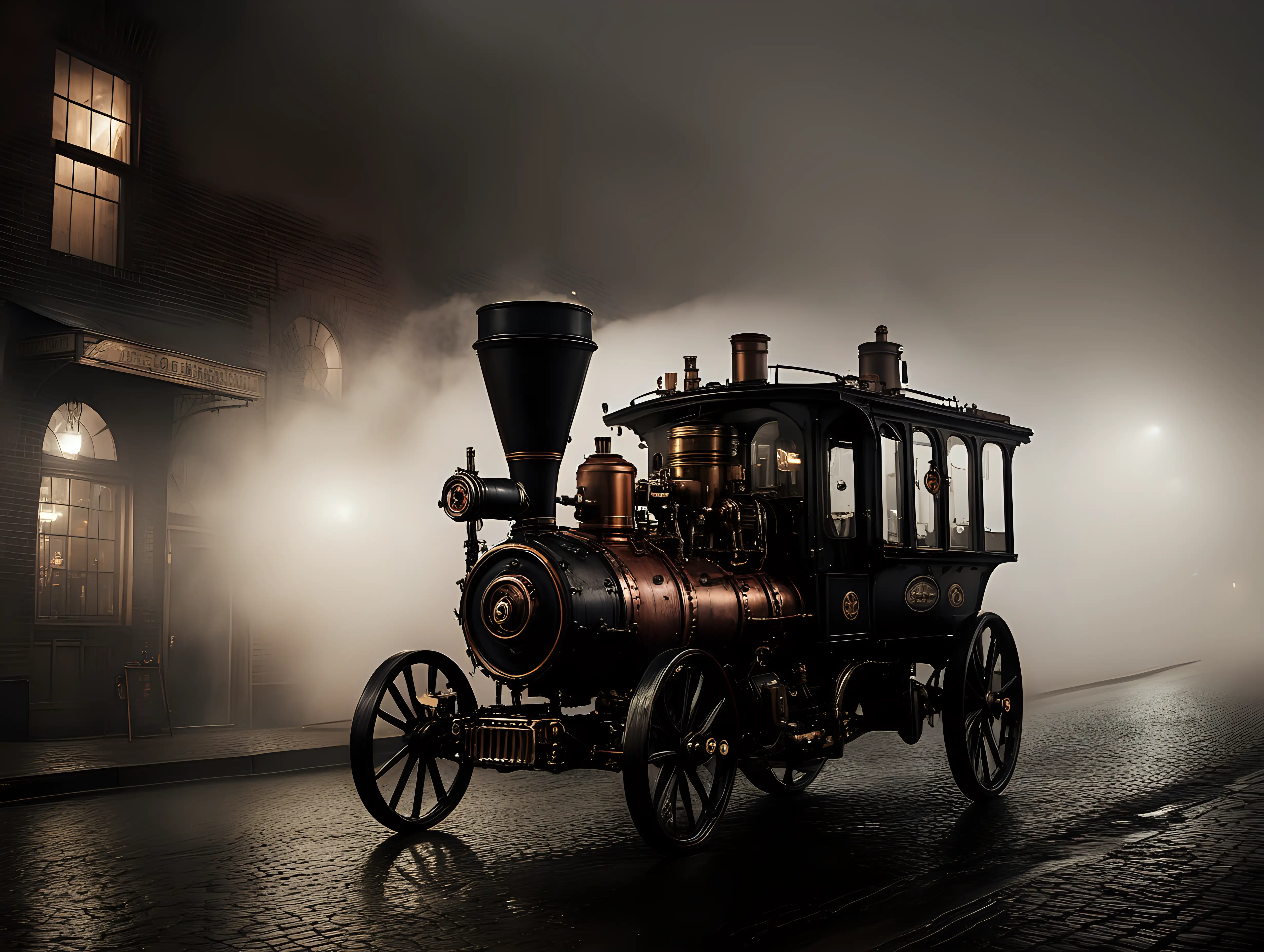Steampunk Car on Dark City Street Amidst Fog