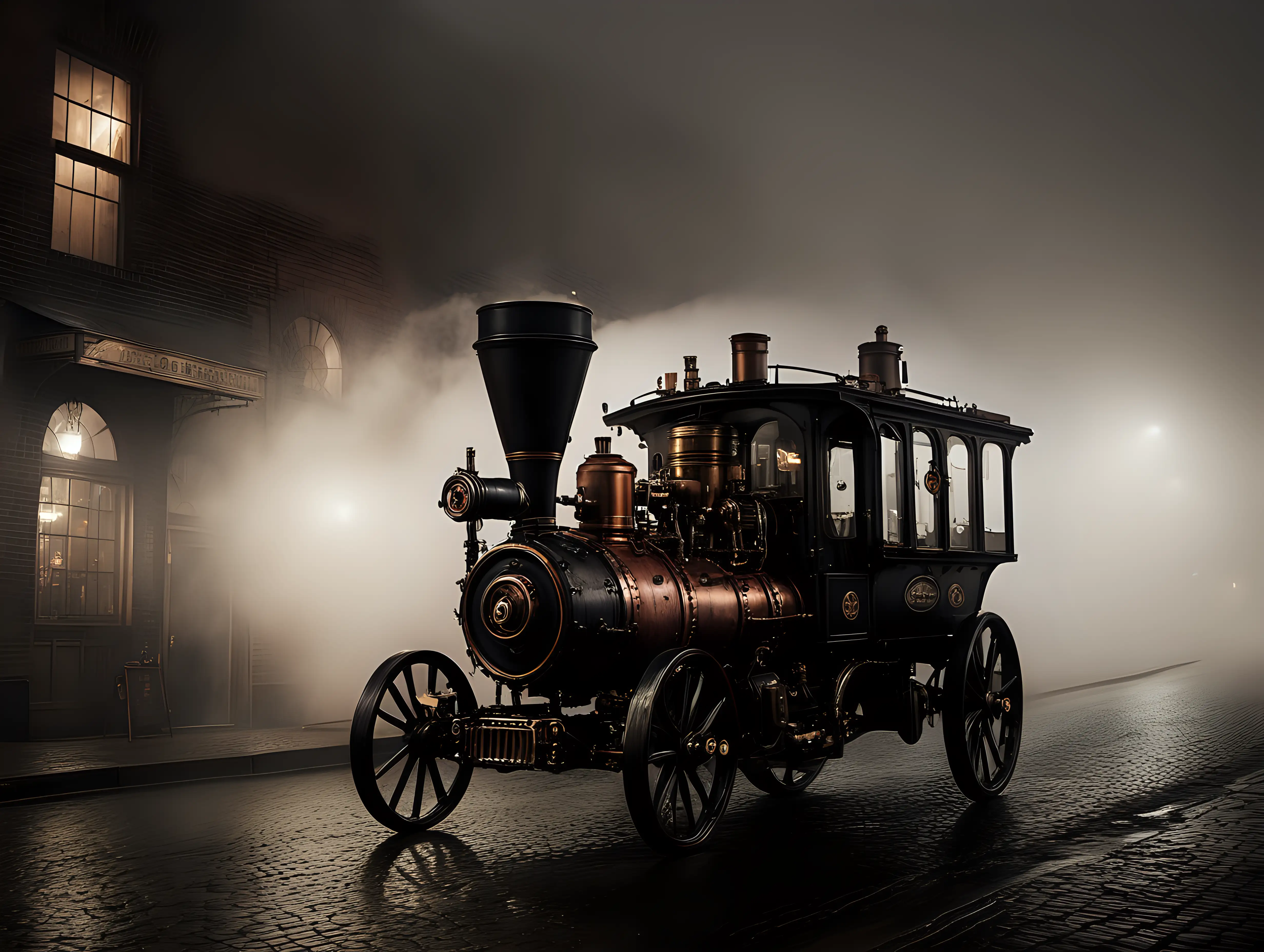 car, steamengine, steampunk, side, fog, darkness, city, large street