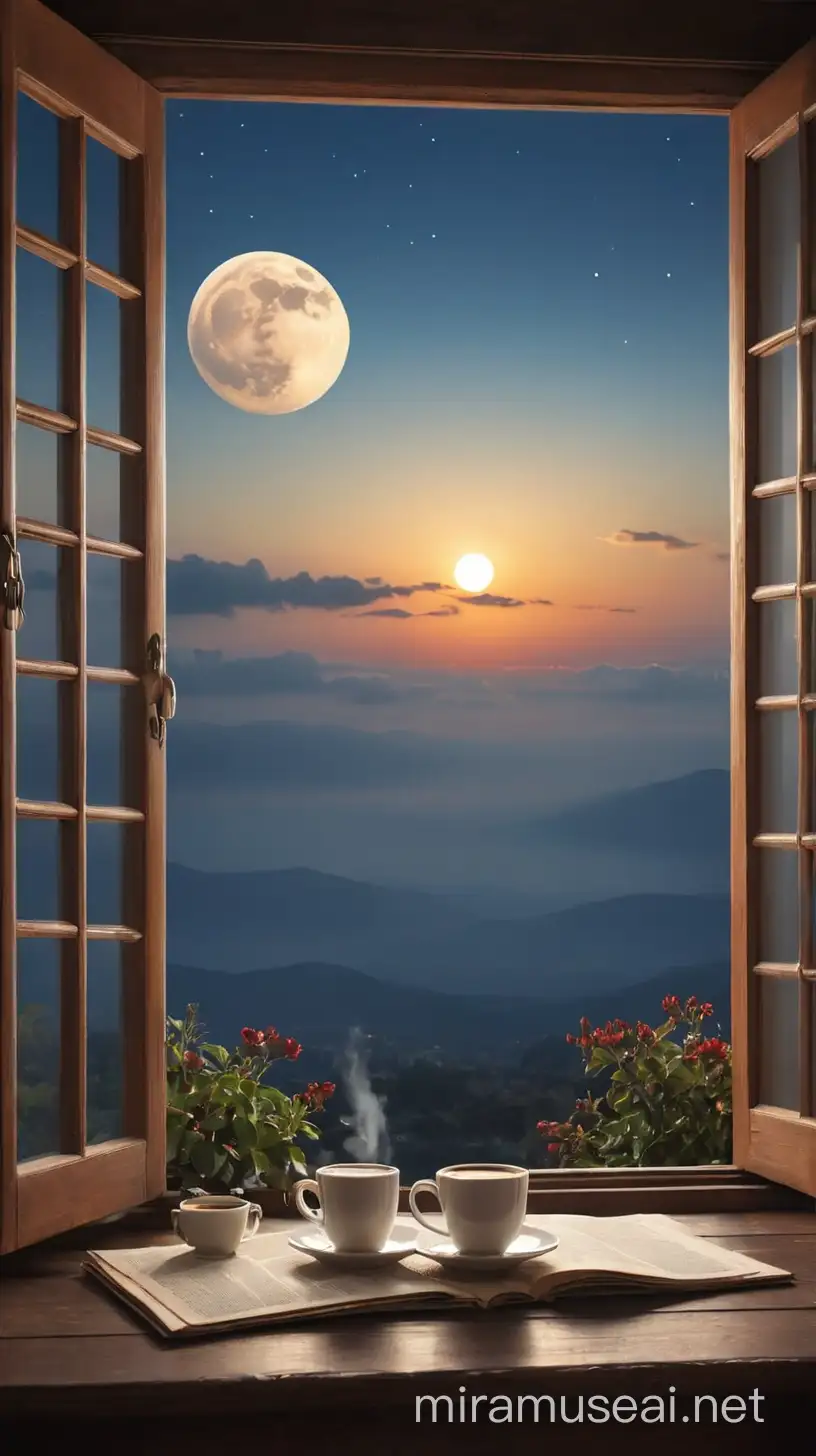 Ventana abierta con una mesa con una taza de cafe y cielo con una luna grande