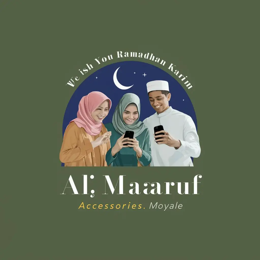 logo, Vivid image of Muslim Family looking at Crescent moon on their smartphones. WE WISH YOU RAMADHAN KARIM in the background, with the text "AL~ MAARUF ACCESSORIES.  MOYALE", typography, be used in Retail industry