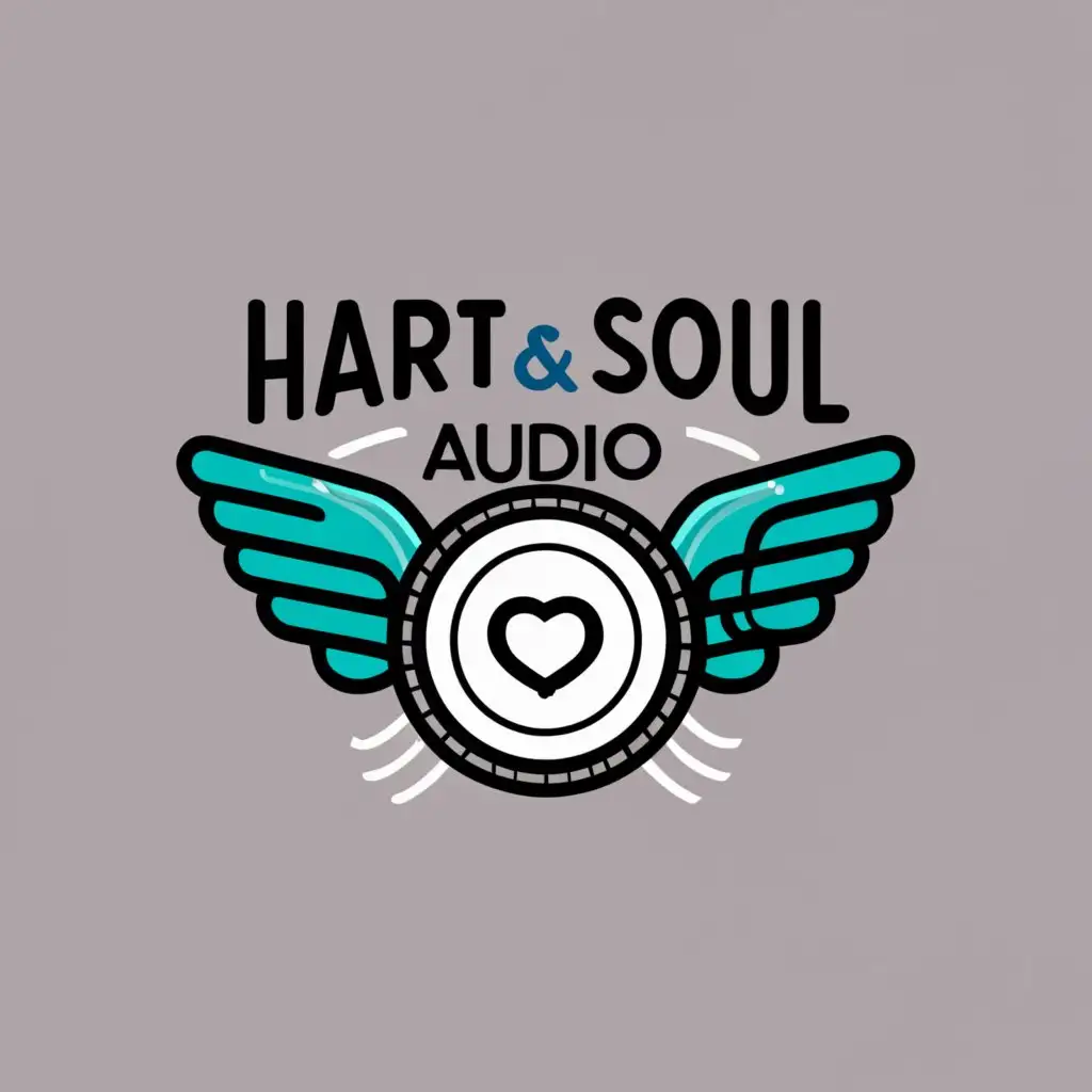 logo, a circle with wings extending from either side. Inside the circle there sound waves in the shape of a heart, with the text "Hart & Soul Audio", typography, be used in Technology industry