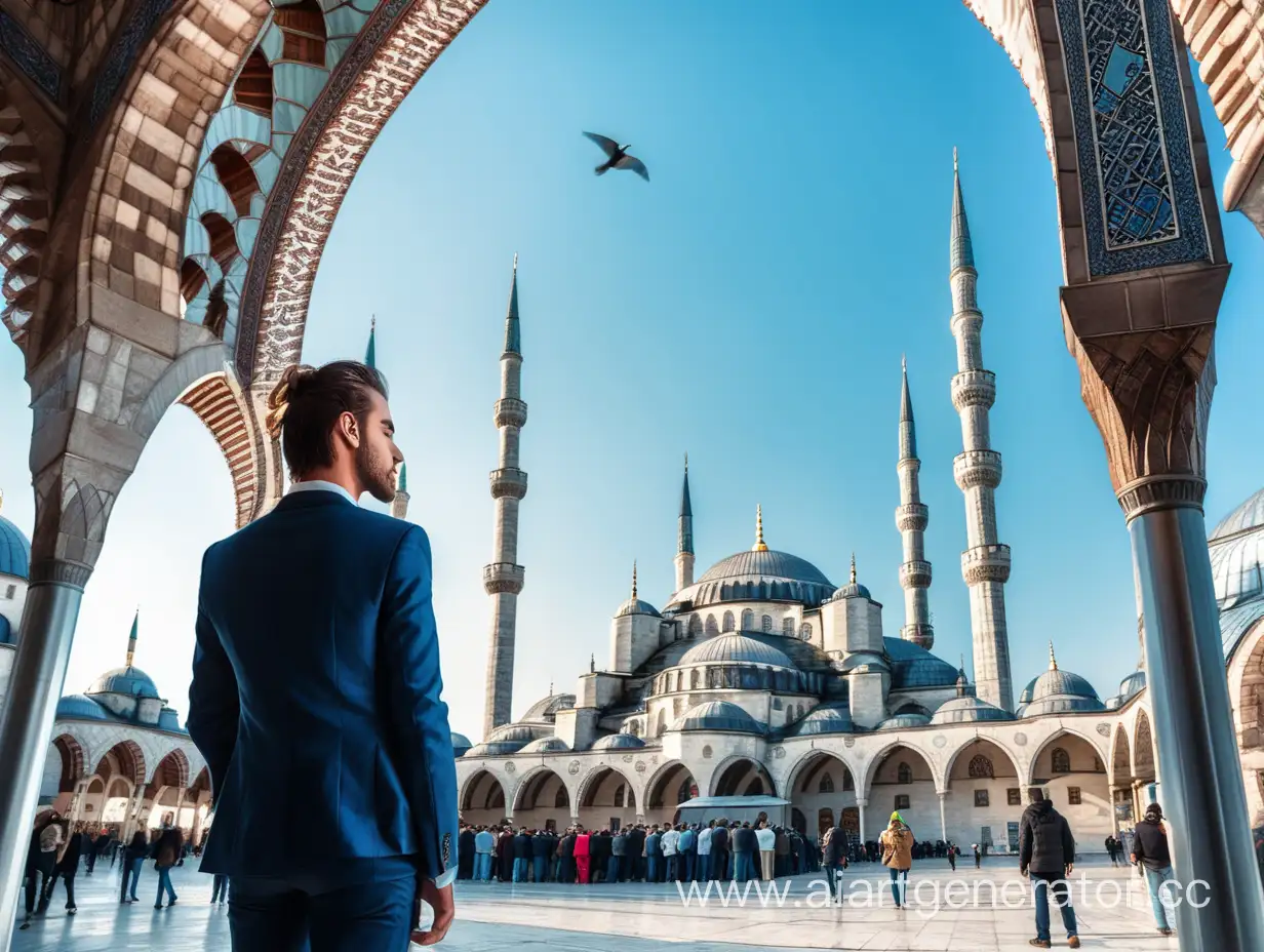 девушка стоит на площади перед голубой мечетью в центре стамбула спиной. вокруг много красивых мужчин похожих на Серкана Болата