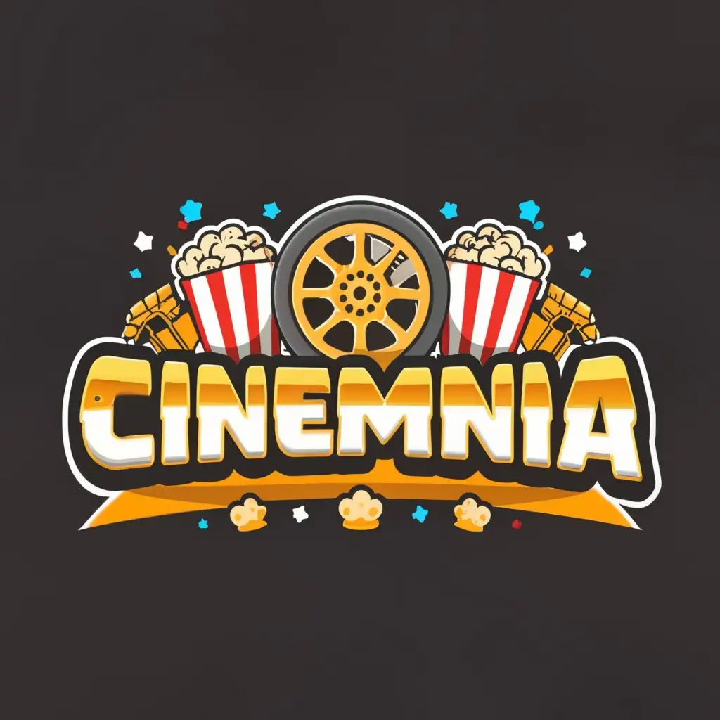 a logo design,with the text "CINEMANIA", main symbol:MOVIE REEL, DIRECTOR'S CHAIR, POPCORN,Moderate,be used in Entertainment industry,clear background