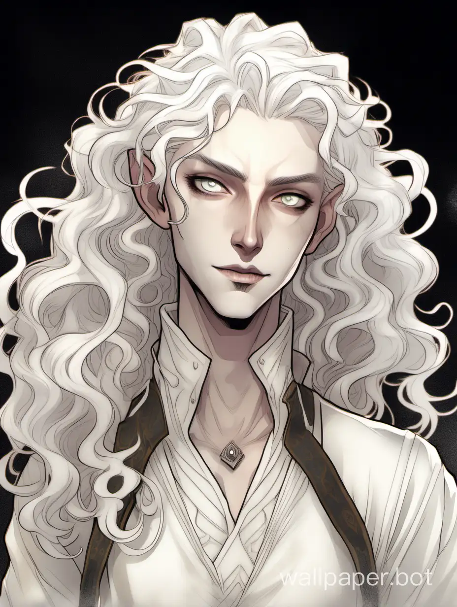 a D&D bard, dnd changeling, a changeling from dungeons and dragons, thin, slender, translucent ((pale white skin)), (wavy curly long white hair), ((glowing white eyes)), androgynous, flamboyant, nonbinary, pale body, lithe, pointed ears, almond shape eyes, flat chest, charismatic, (bard adventurer clothes), epic, portrait, poster, humanoid, friendly, pretty, character bust, wearing clothes, entertainer, performer, clean, baggy sleeves, waistcoat, straight slightly hooked nose, digital art, classic, watercolor, proportionate, anatomical, painting, shapeshifter, haunting face, white skin, all white grey inhuman, colorless skin, hair half-up in bun