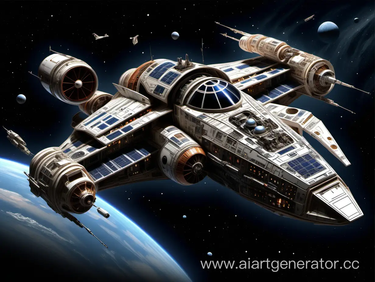Produce a detailed technical illustration of a spacecraft in star wars style, showcasing a cutaway design that reveals its internal structure. The spacecraft should be rendered with a sleek, streamlined OR OTHER FORM body in vibrant COLOR_OR_DELETE and metallic shades. The image must include annotated engineering blueprints, detailed schematics, and callouts, set against a technical background that provides a comprehensive view of the craft's design. Aim for a sketch-like style that merges artistic intricacy with mechanical precision, complete with various angles and detailed exploded views of spacecraft components. ultrarealistic, soft lighting, 8k, sharp image,