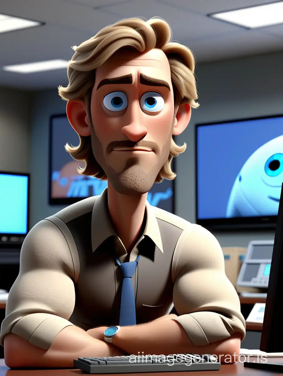 A white man, middle young age, half long bronde hair with blue eyes, half long bronde facial hair not very visible. Sitting behind his desk. Above his desk there is hanging a big tv screen. ratio: tv is bigger than the man. location is in a office building. Pixar style