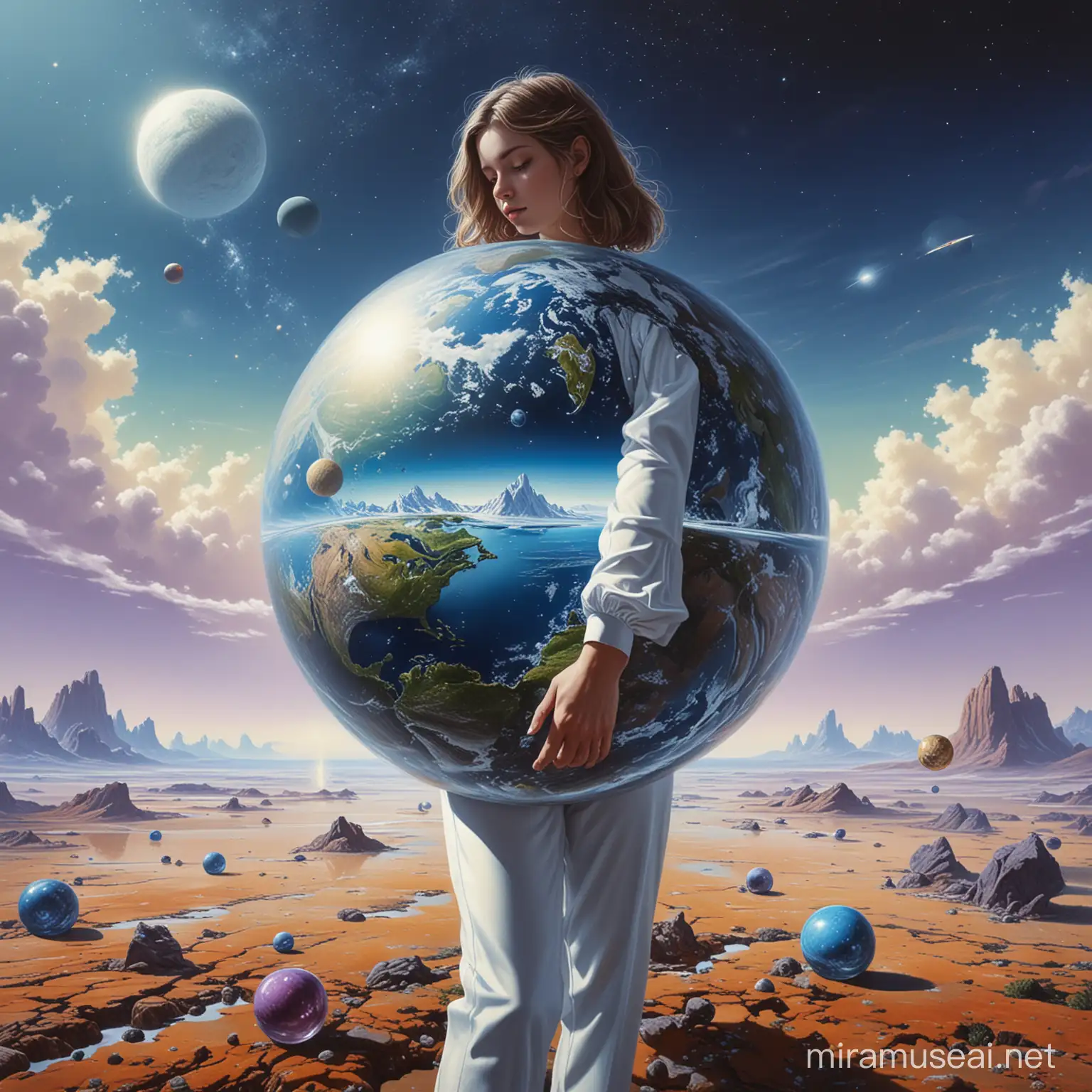 A photo-realistic surrealistic painting in the style of Jean Daprai.
It should contain a clairvoyant girl full size as foreground, facing toward us, in a blue and white simple tight suite, the suite is in a 60's style, without decoration or ornaments, floating in infinite space,
in her hands she is holding the earth, instead of a crystal ball.
The background should contain other planets, in different colors (orange, yellow, green, purple, 
Add a abstract symbol of love on the right side of the background,
Add a abstract symbol of peace on the right side of the background,planets, Leica R,
