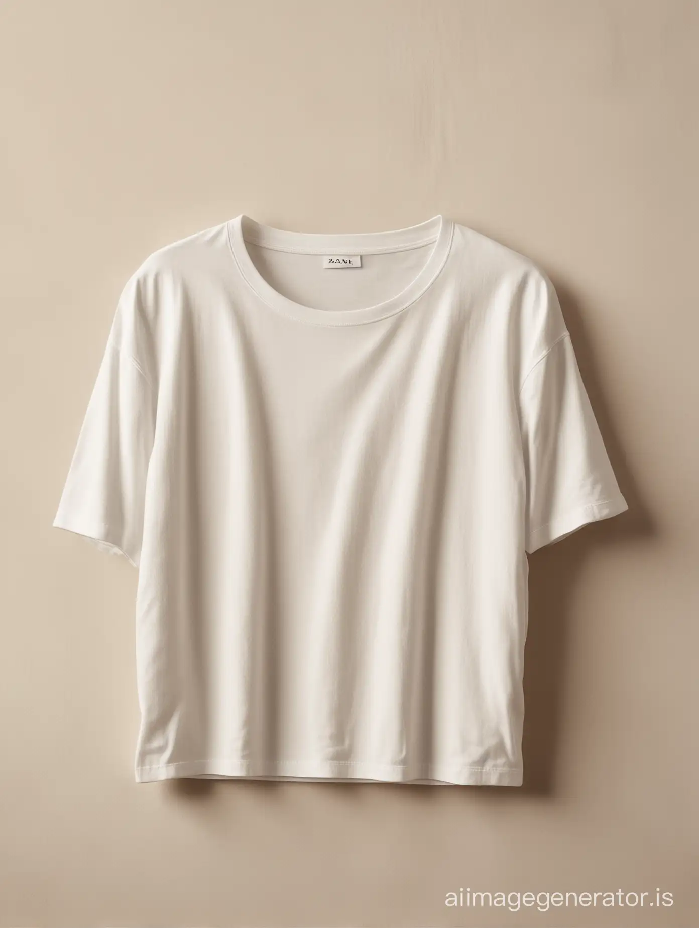 A high-resolution photo of a perfectly folded white cotton t-shirt, styled for a Zara brand catalog. Warm natural sunlight streams in from the left side of the image, highlighting the rich texture and subtle imperfections of the natural fabric. The t-shirt should be meticulously folded into a crisp square, with sharp edges and no wrinkles or imperfections. Imagine the fold as a series of precise rectangles stacked upon each other, creating a flawless geometric form. Maintain a minimalist, clean background for a polished look.