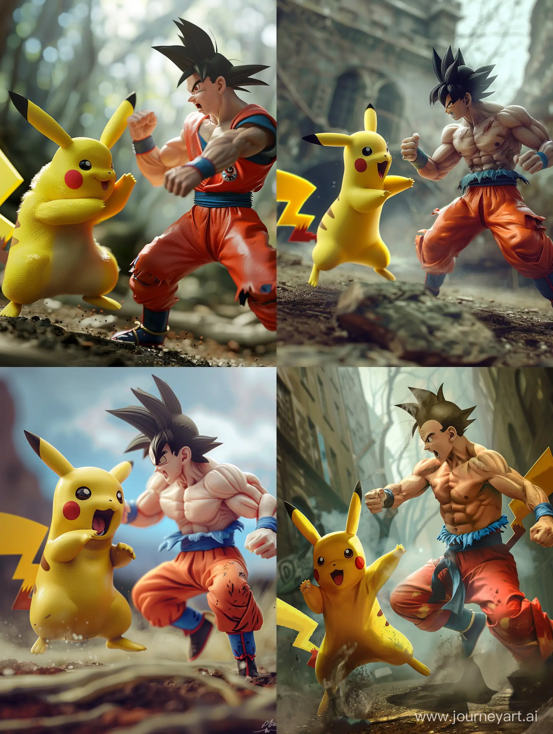 Pikachu and Goku, fighting ,Ultra Realistic,Highly Detailed , Natural Lighting, --ar 3:4 --v 6.0