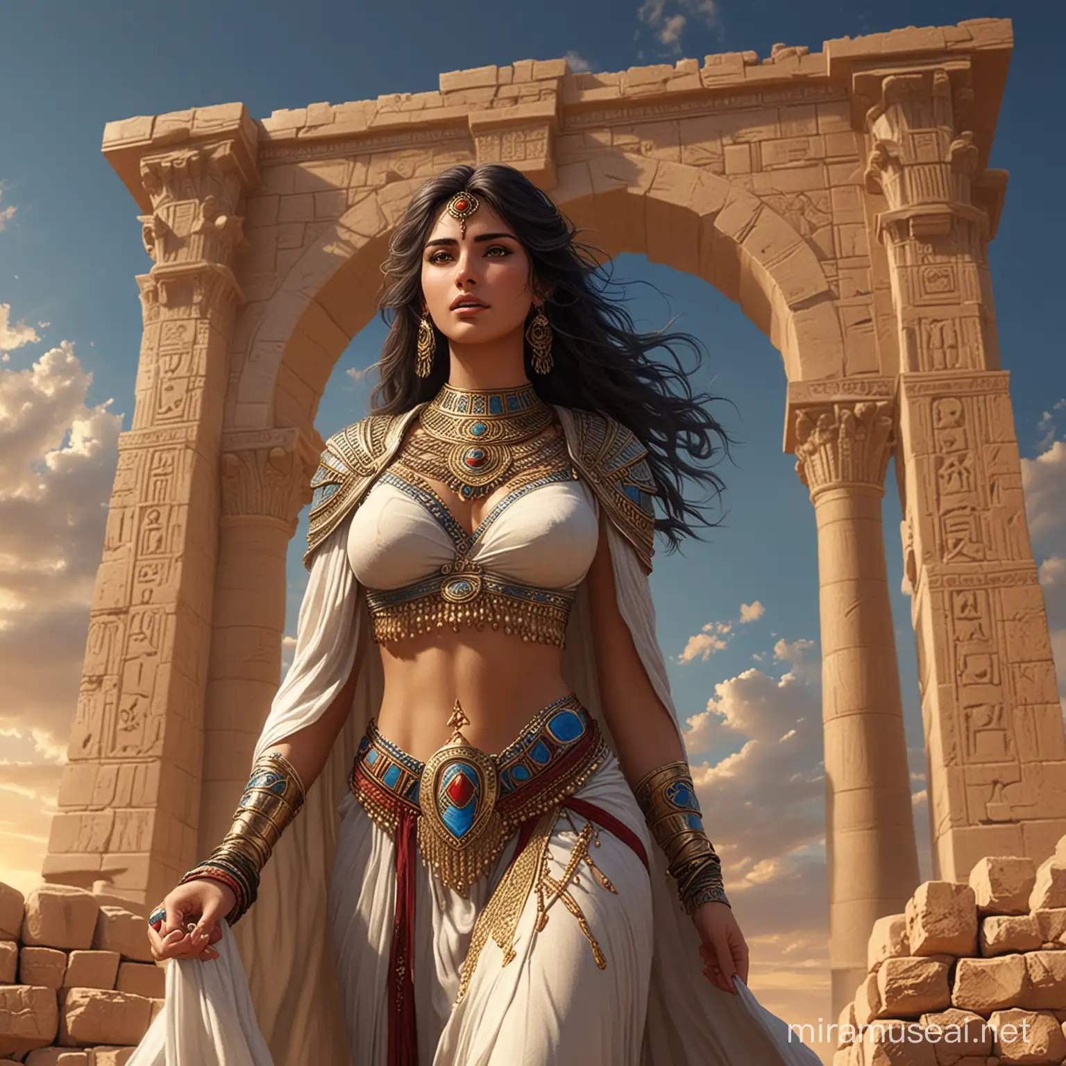 Ishtar GODDESS OF LOVE AND WAR,The image is a CG artwork of a fictional character wearing a garment. The character appears to be a hero and is depicted in an animated style,Babylonia,The image is a painting or drawing of a large stone building with many arches set against a sky background. It resembles a temple or historical structure.