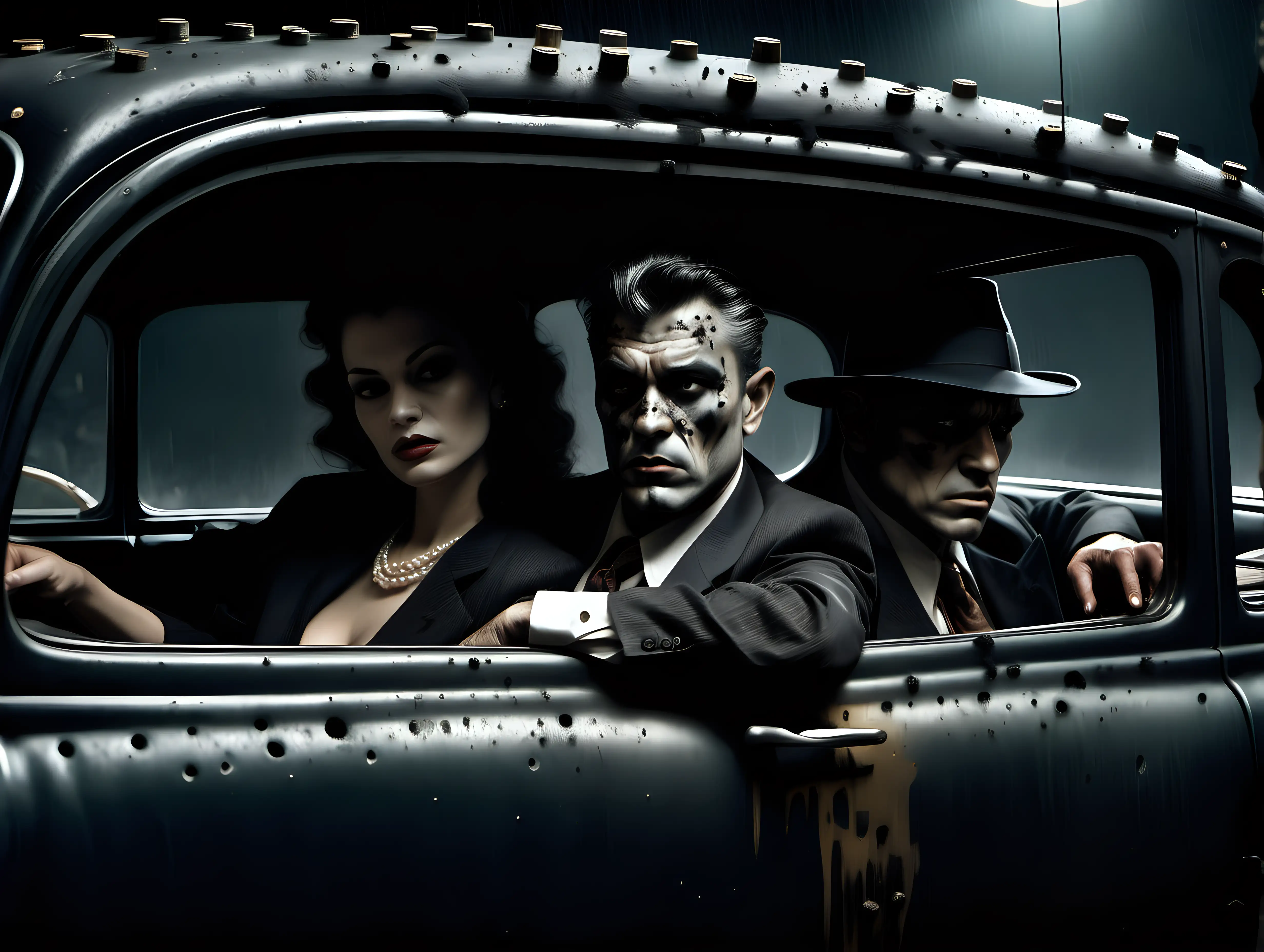 Gangsters in car with bullet holes in style of realism by frank frazetta and annie leibovitz, emotive and moody and muted, dark background