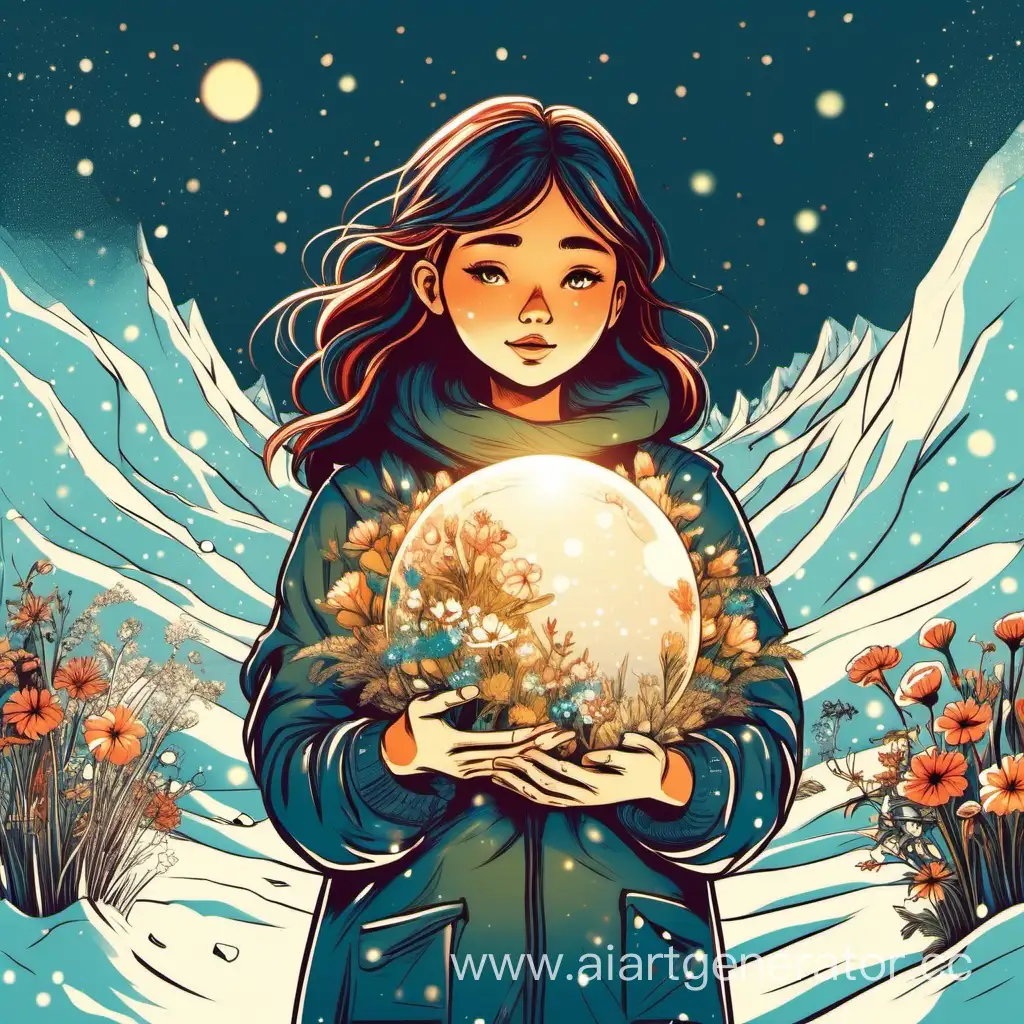 Илл.страция. Девушка держит в руках мир, а на нем цветы растущие сквозь снег, много солнца. 