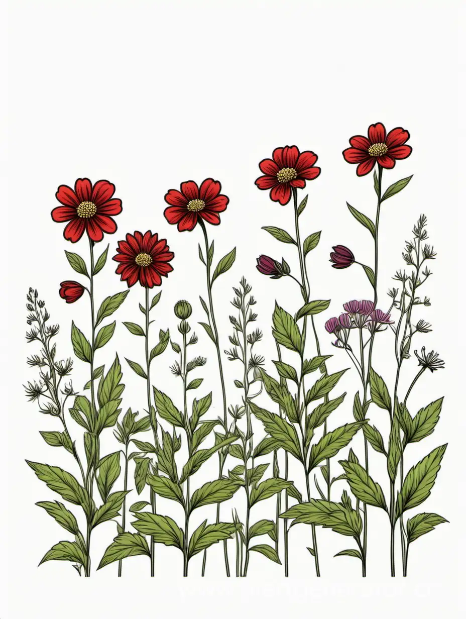  Red Big wildflower  plants lines art, simple, herb, Unique floral, botanical ,grow in cluster, 4K, high quality, white background,