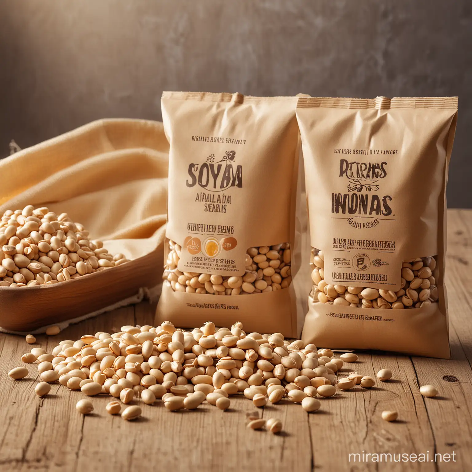 The image features a pack of high-quality soya beans placed on a wooden table against a natural background. The packaging is sleek and modern, with vibrant colors that stand out. Sunlight streams in, casting a warm glow on the beans and highlighting their natural texture. A few beans are spilled onto the table, adding to the organic feel of the scene. The overall composition evokes a sense of freshness and wholesomeness, perfect for showcasing the product's natural goodness.