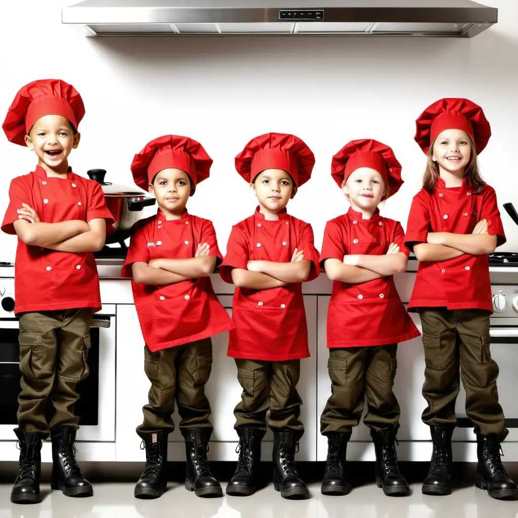 create an image of several children learning to cook in kitchen. Wearing red t-shirt, black cargo pants and black military boots, red chef hat