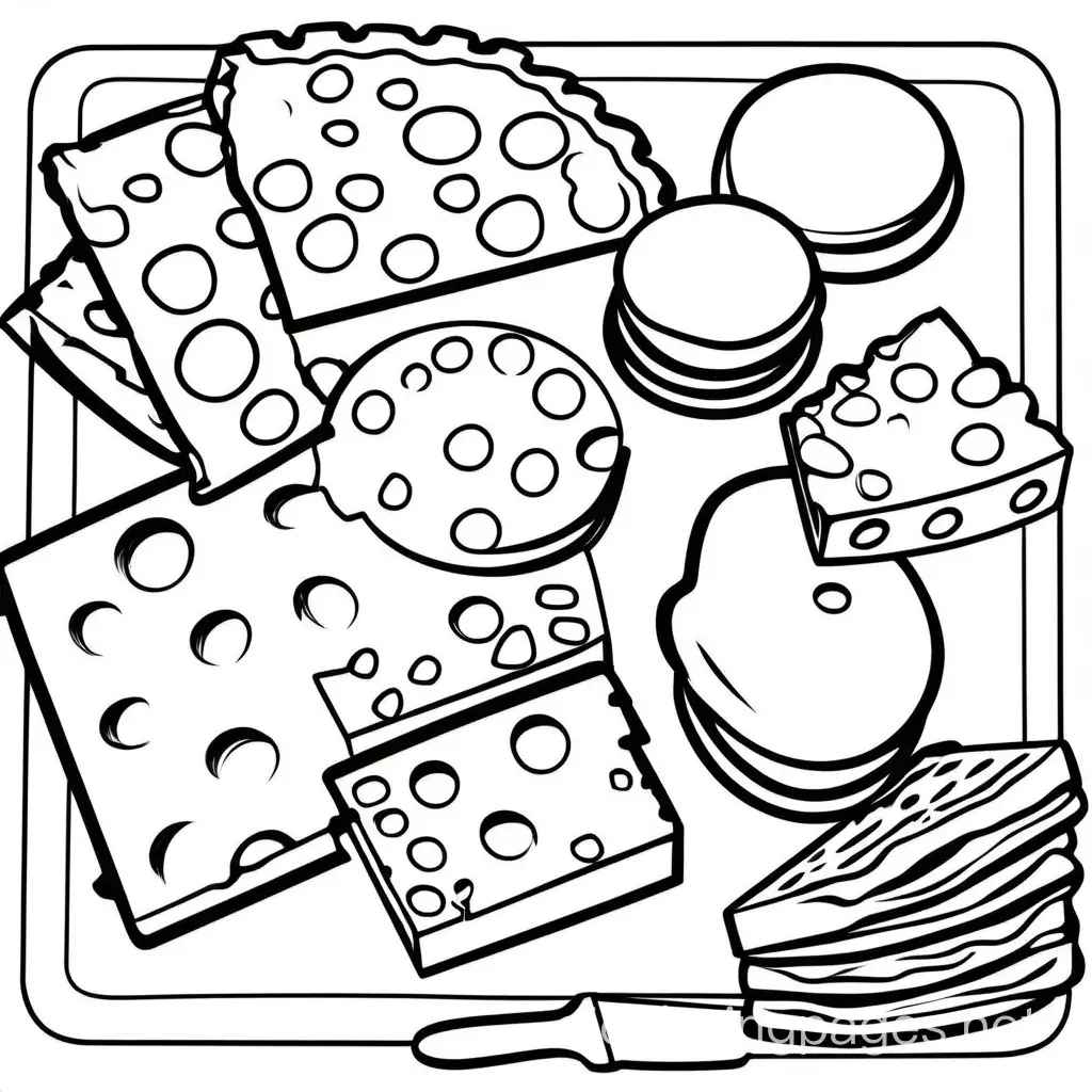 simple Cheese crackers bold ligne and easy, Coloring Page, black and white, line art, white background, Simplicity, Ample White Space. The background of the coloring page is plain white to make it easy for young children to color within the lines. The outlines of all the subjects are easy to distinguish, making it simple for kids to color without too much difficulty