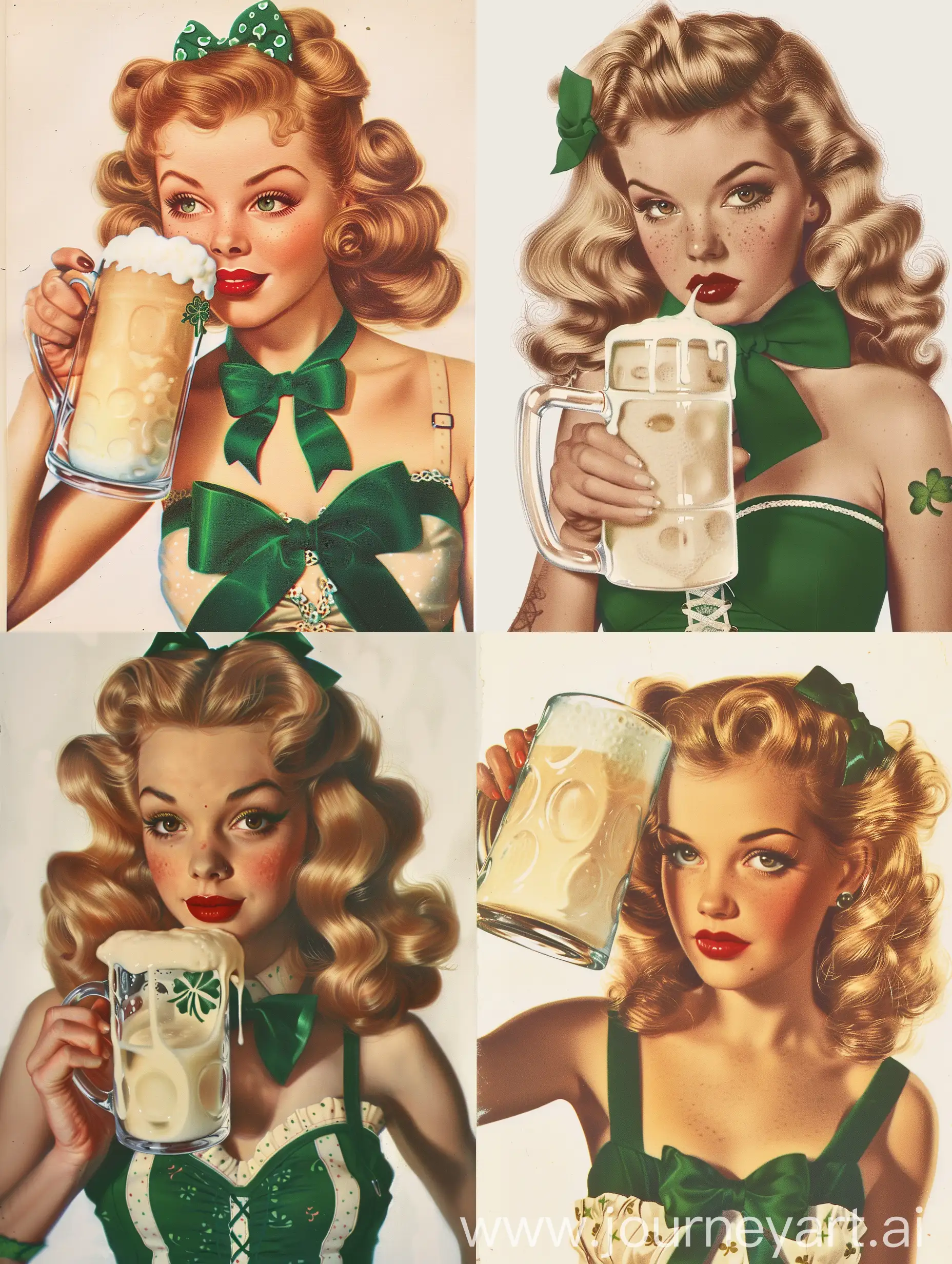 vintage pin-up girl holding frothy beer mug, classic 1950s American style, fair skin, red lips, blonde victory roll curls, green bow, St. Patrick's Day outfit with sweetheart neckline and knot detail, transparent-sided beer mug, plain white background, traditional tattoo art influence, detailed close-up portrait, high resolution, classic illustration, Norman Rockwell, Gil Elvgren, retro pin-up, soft lighting, warm tones, vintage camera filters, shallow depth of field, medium format lens, bokeh, vintage grain, 1950s color palette.