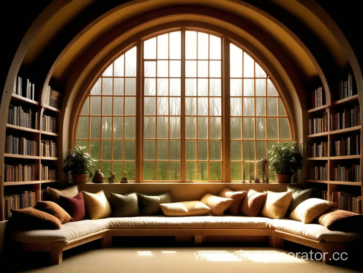 light,  like hobbit big library design, big window with pillows, 

 

