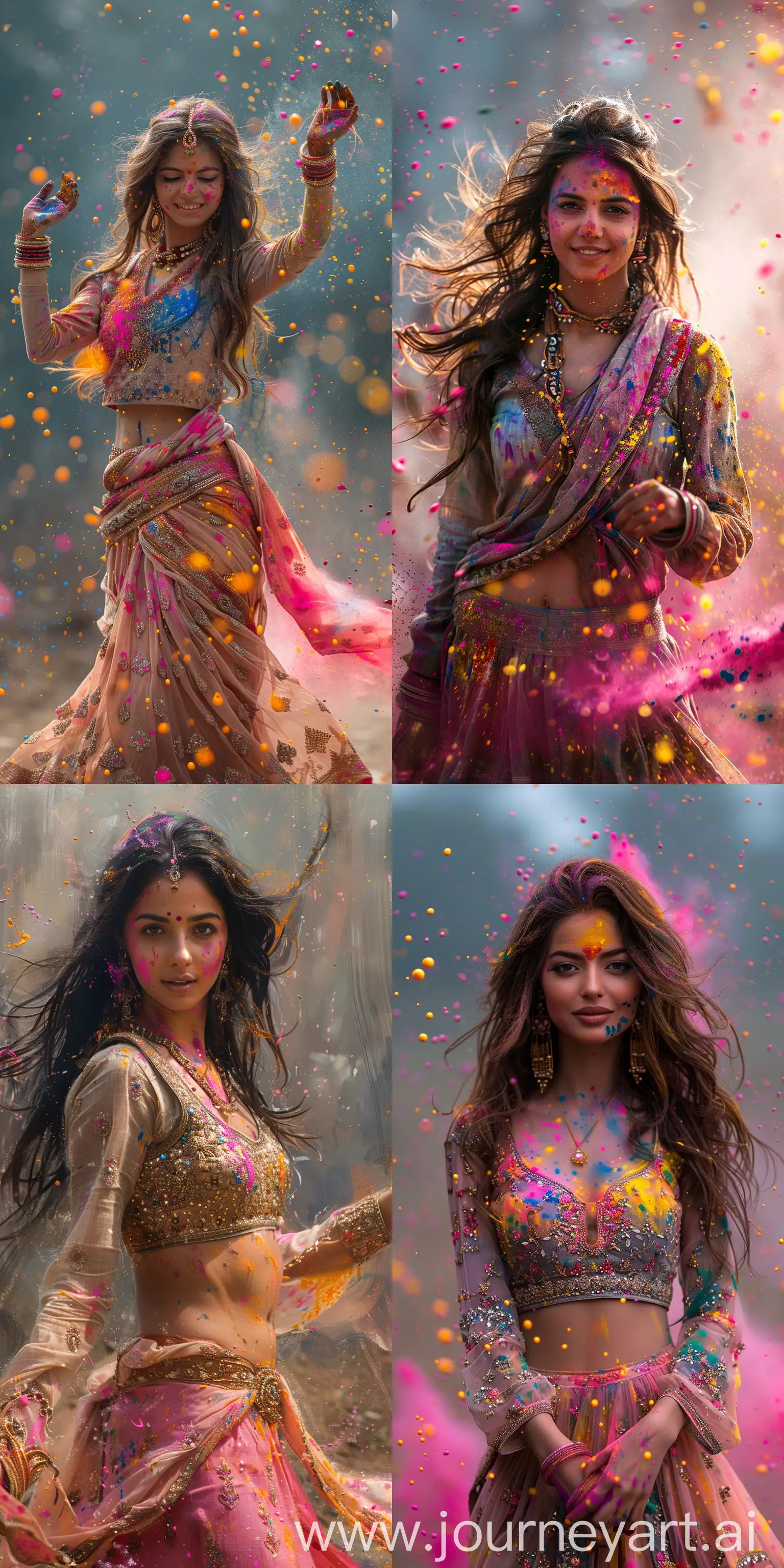 holi images with a beautiful Punjabi wo dancing around in colored paints, in the style of light gray and light bronze, spiritual meditations, dark gold and pink, bold and vibrant primary colors, expressive facial features, hurufiyya --ar 1:2 --stylize 750 --v 6